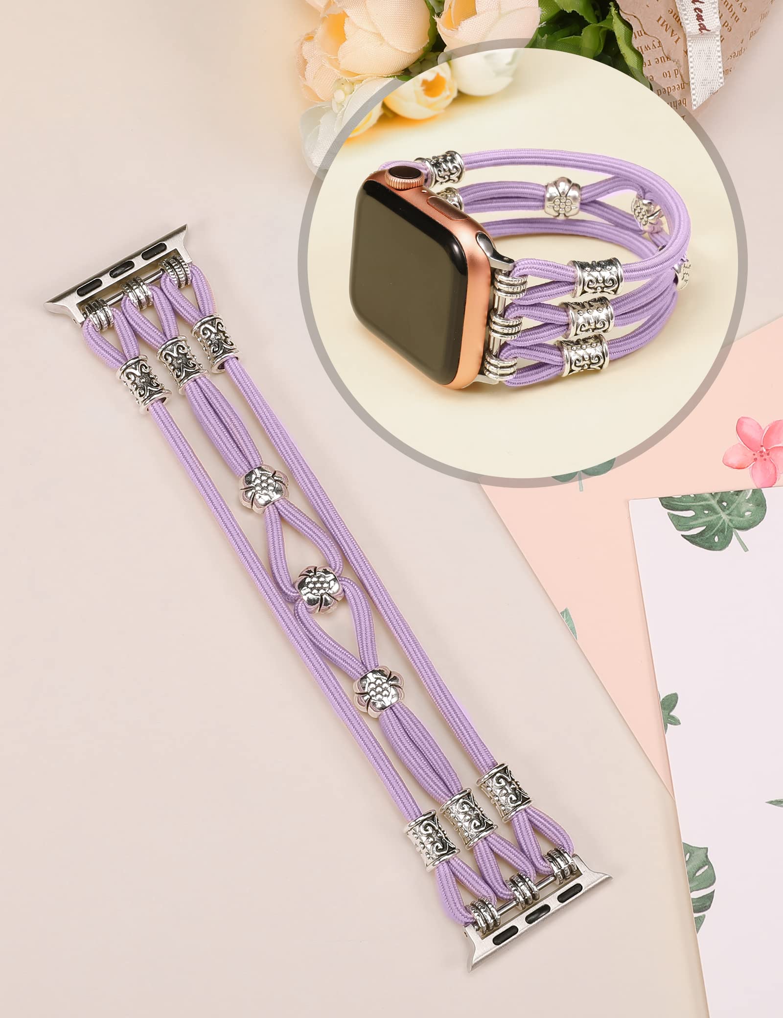 TOYOUTHS Beaded Apple Watch Band 42mm 41mm 40mm 38mm - Boho Braided Elastic Stretch Solo Loop Nylon Strap for iWatch Series 10 9 8 7 6 5 4 3 2 1 SE - Women's Fashion Bracelet for Workout, Office & Casual Wear