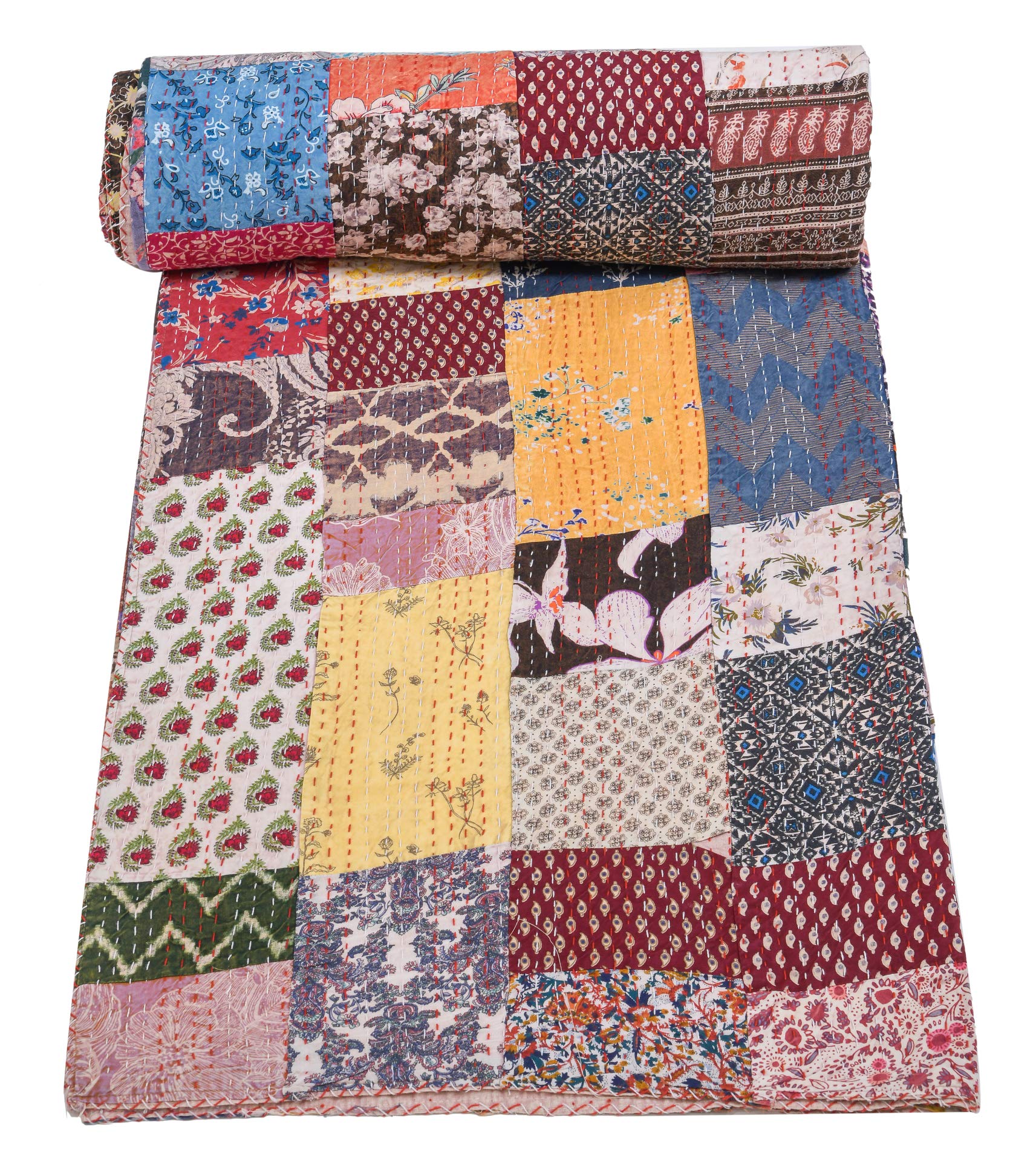 Handmade Indian Kantha Quilt - 100% Cotton Patchwork Paisley Design Multi-Color Bedspread (Queen Size 90x108 Inches) for Boho Chic Bedroom Decor & Cozy Home Use