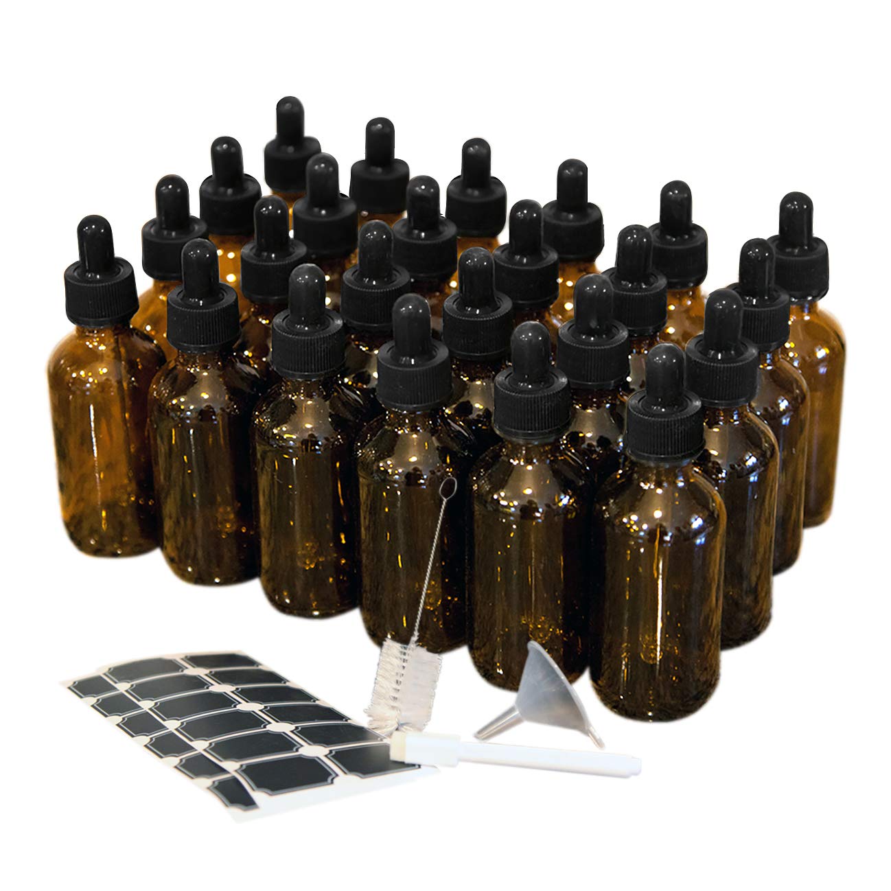 Nevlers 24 Pack 2 Oz Amber Glass Dropper Bottles with Dropper, Funnel & Brush - Includes Bonus Labels for Essential Oils, CBD, Tinctures & DIY Skincare Projects