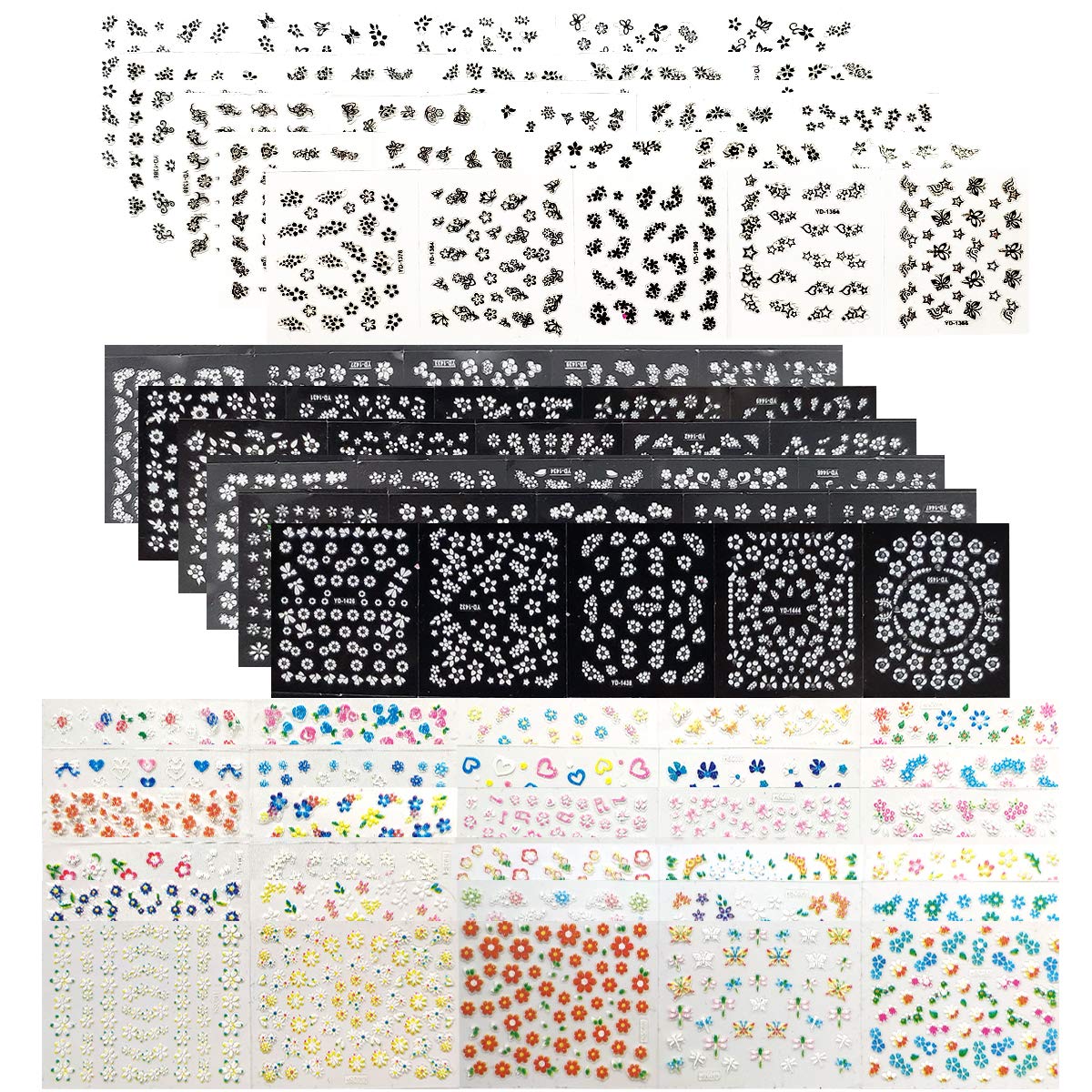 Gnognauq 90 Sheets 3D Mini Nail Stickers - Self-Adhesive Floral Nail Art Decals in Black, White & Colorful Designs | Perfect for DIY Nail Art, Manicures & Nail Tattoo Decorations