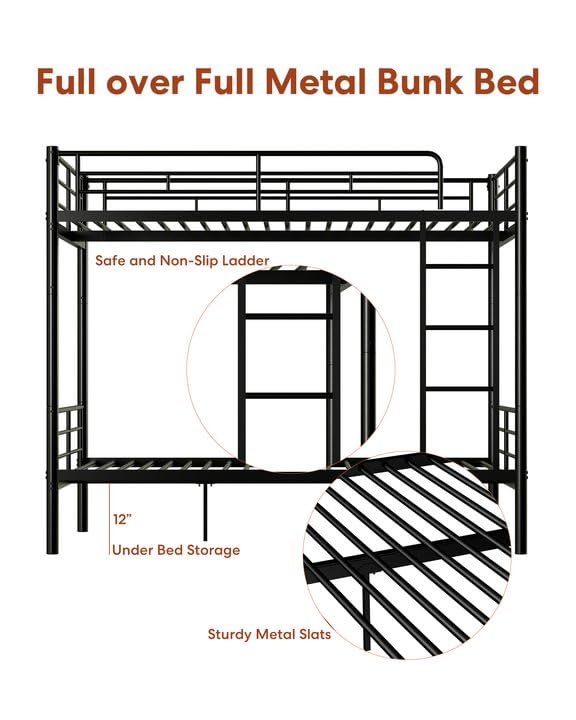 Full Over Full Metal Bunk Bed for Kids - Convertible to 2 Separate Full Size Beds - Heavy Duty Steel Bunk Bed Frame with High Safety Guardrail & Built-in Ladder - No Box Spring Required - Noise Free Design - Black - Perfect for Kids' Bedroom, Dorm Room or Space-Saving Guest Room