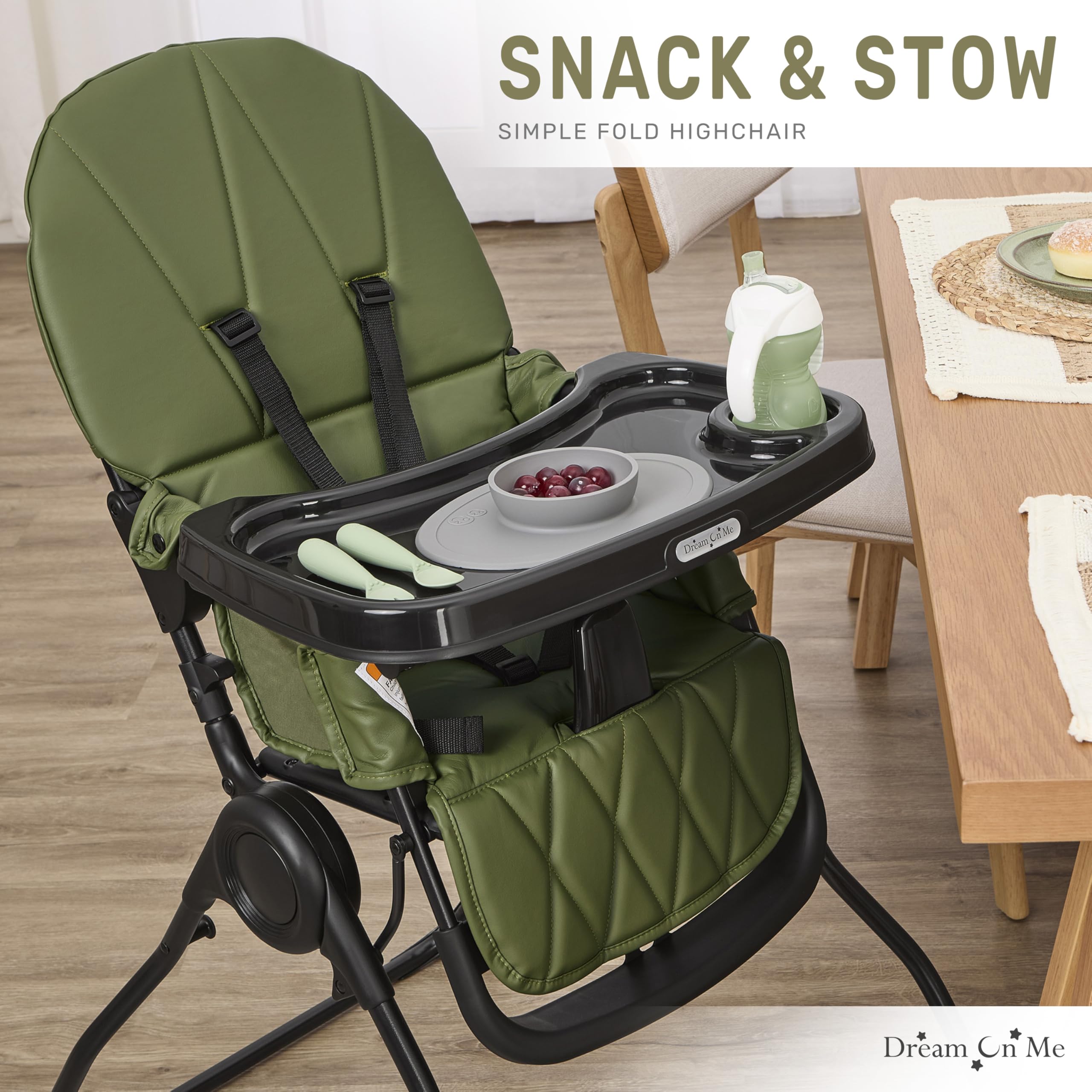 Dream On Me Snack and Stow Baby High Chair - Foldable Travel High Chair with Removable 3-Position Adjustable Tray | Portable for Home, Restaurants & Outdoor Use (Olive Green)