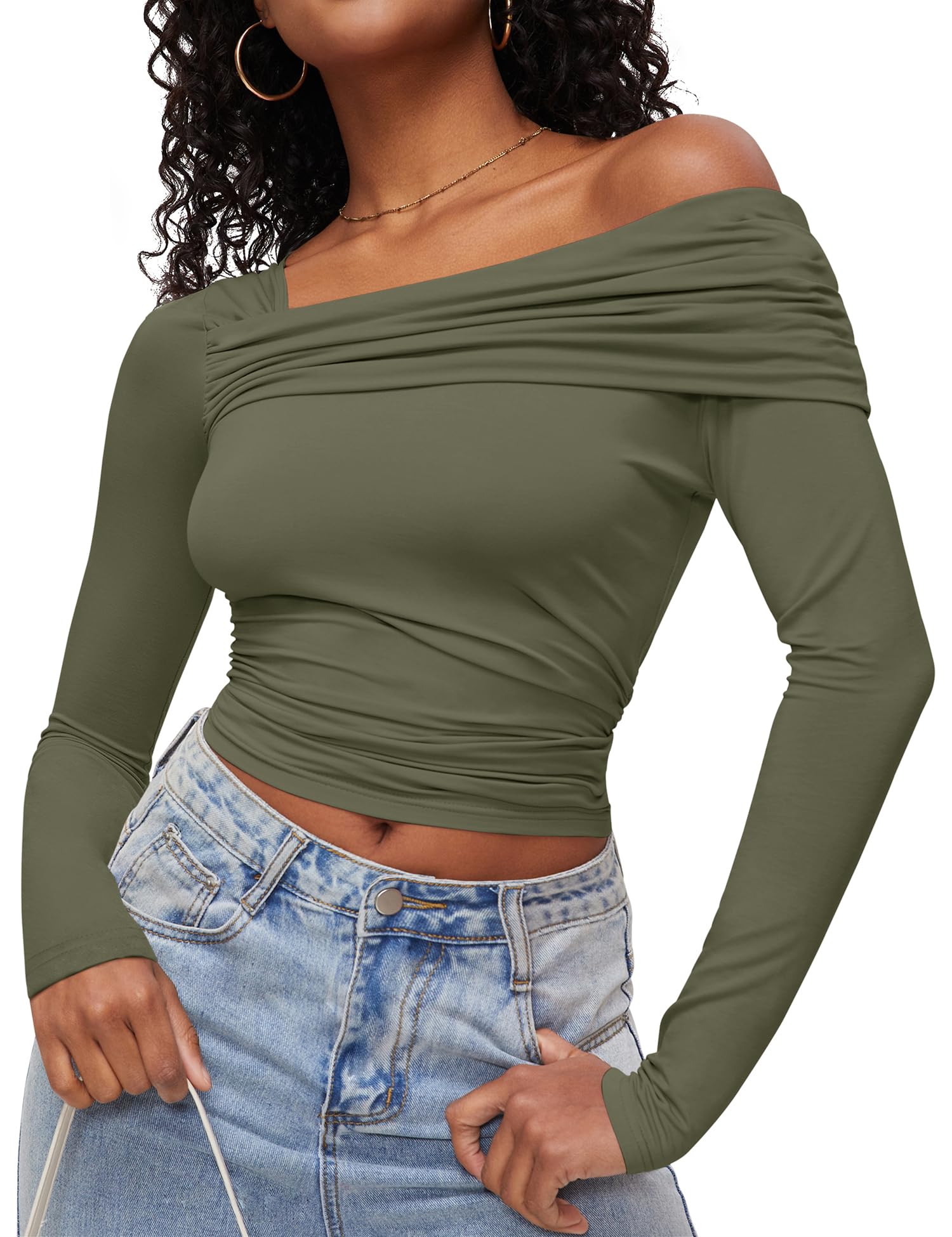 Rapbin Women's One Shoulder Long Sleeve Tops - Ruched Y2K Slim Fit Shirt for Party, Club & Date Night Outfits | Trendy Going Out Tops for Women