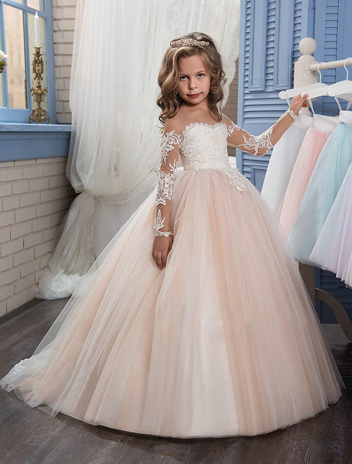 Lace Embroidery Sheer Long Sleeve Flower Girl Dresses for Kids - Perfect for Weddings, Baptisms & Special Occasions