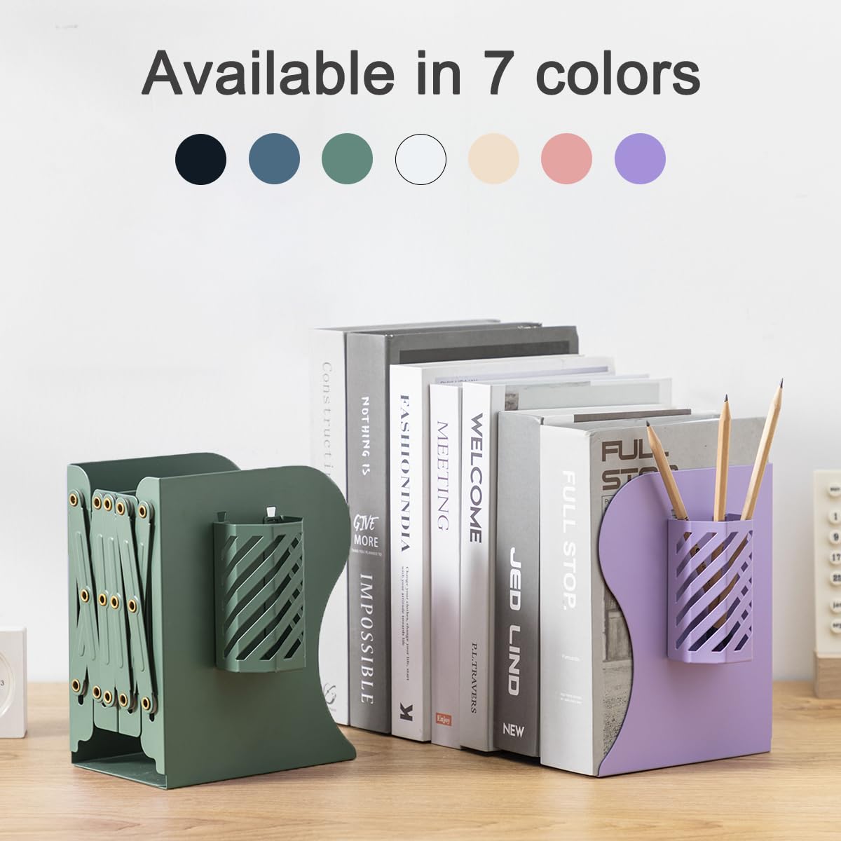 Kingsmile Metal Bookends for Heavy Books - Sturdy Book Stoppers for Shelves, Kids Room, Home Office, Classroom & Library - Includes Removable Pen Holder (Green) - Perfect for Organizing Textbooks, Cookbooks & Decorative Displays
