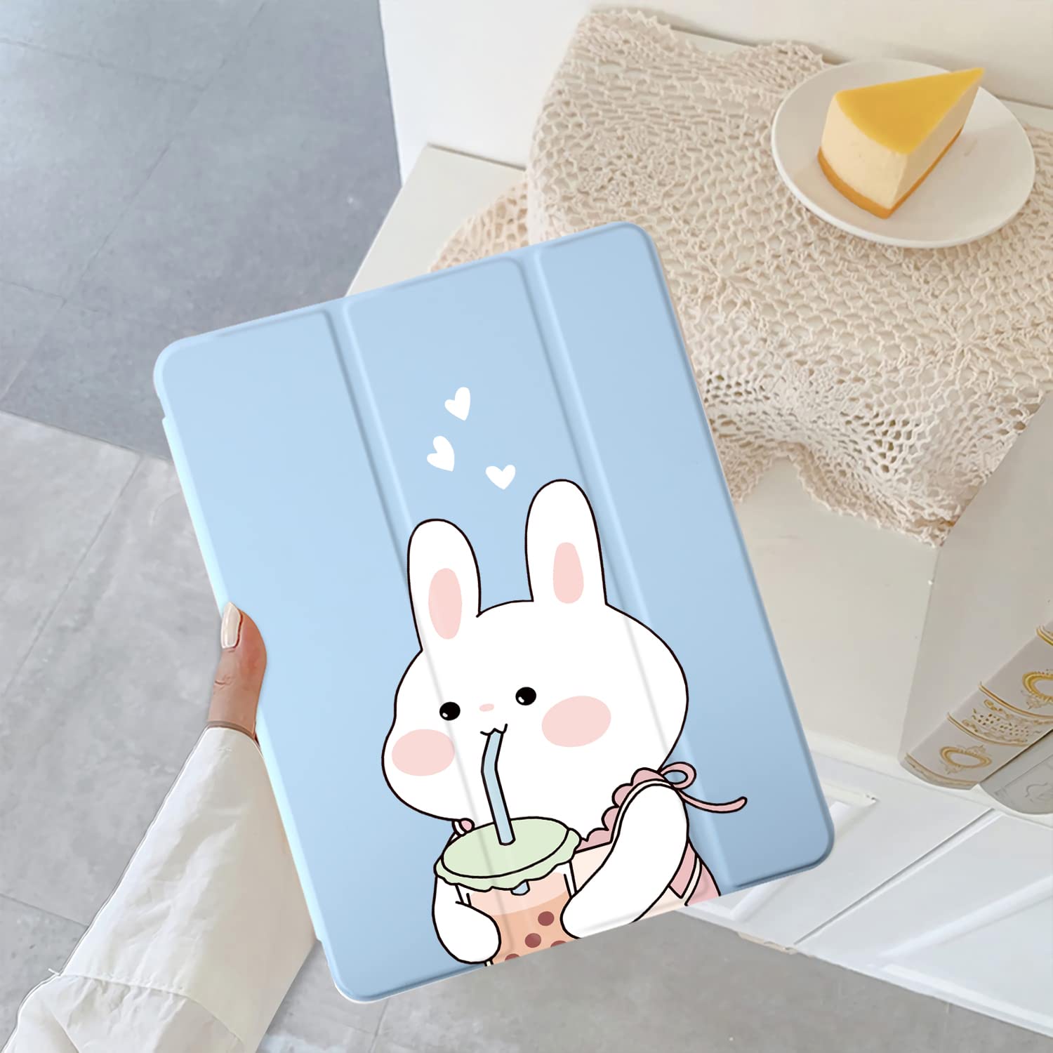 Cute Kawaii Bunny iPad Air 3 Case with Pencil Holder - Auto Sleep/Wake Function - Blue Leather & Clear Soft TPU Back Cover for iPad Pro 10.5 Inch (2017 Model) - Perfect for School, Work & Travel Protection