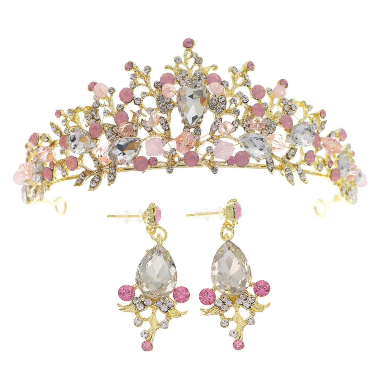 POPETPOP 1 Set European & American Crystal Pink Rhinestone Headpiece Earrings Set - Wedding Tiara, Bling Hair Accessories for Bride, Princess Headdress, Cake Topper - Perfect for Weddings, Banquets & Special Occasions