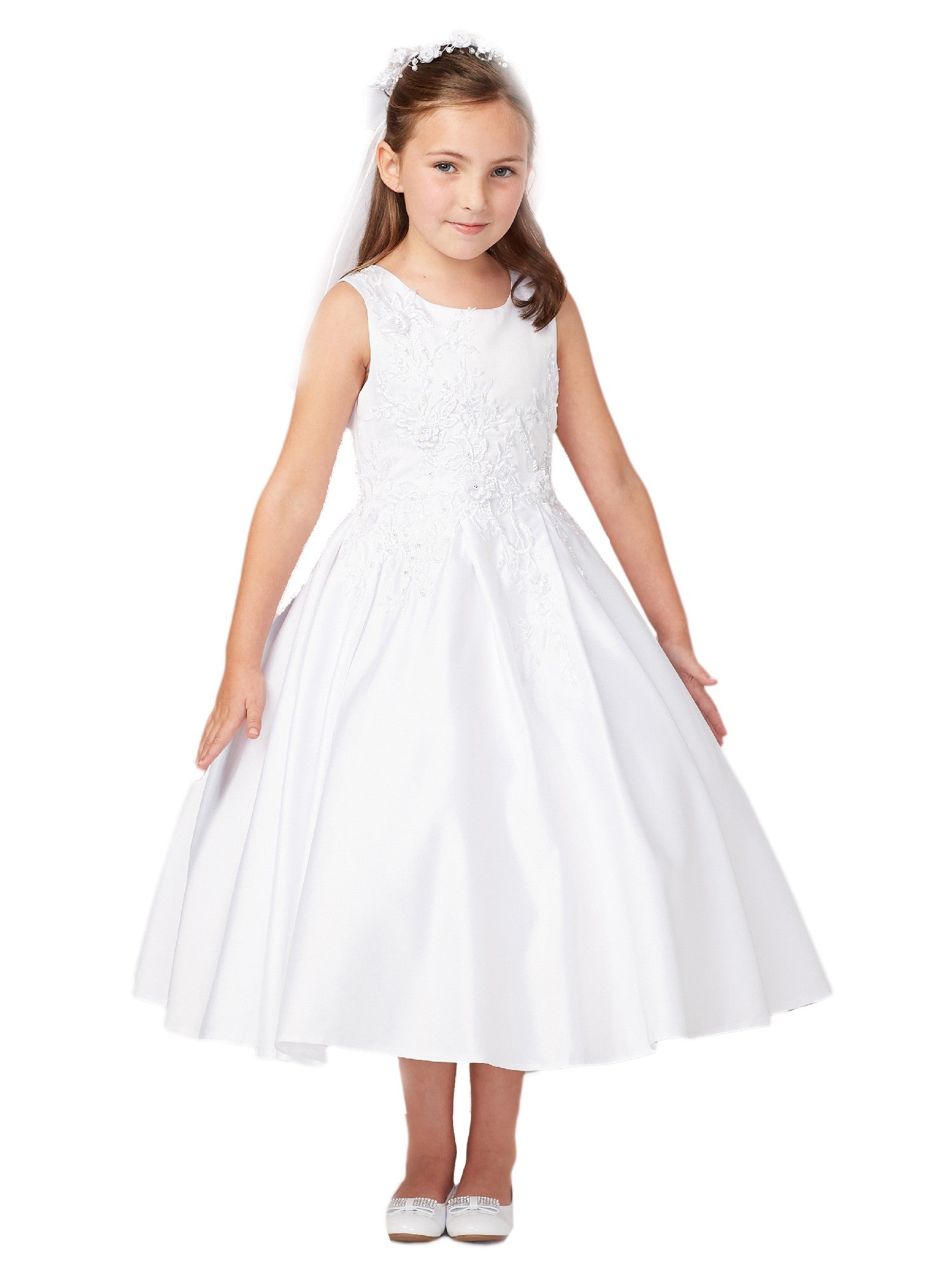 Ivory Floral Embroidery Sleeveless Communion Dress for Girls Size 8-14 | First Holy Communion, Baptism, Easter & Special Occasions