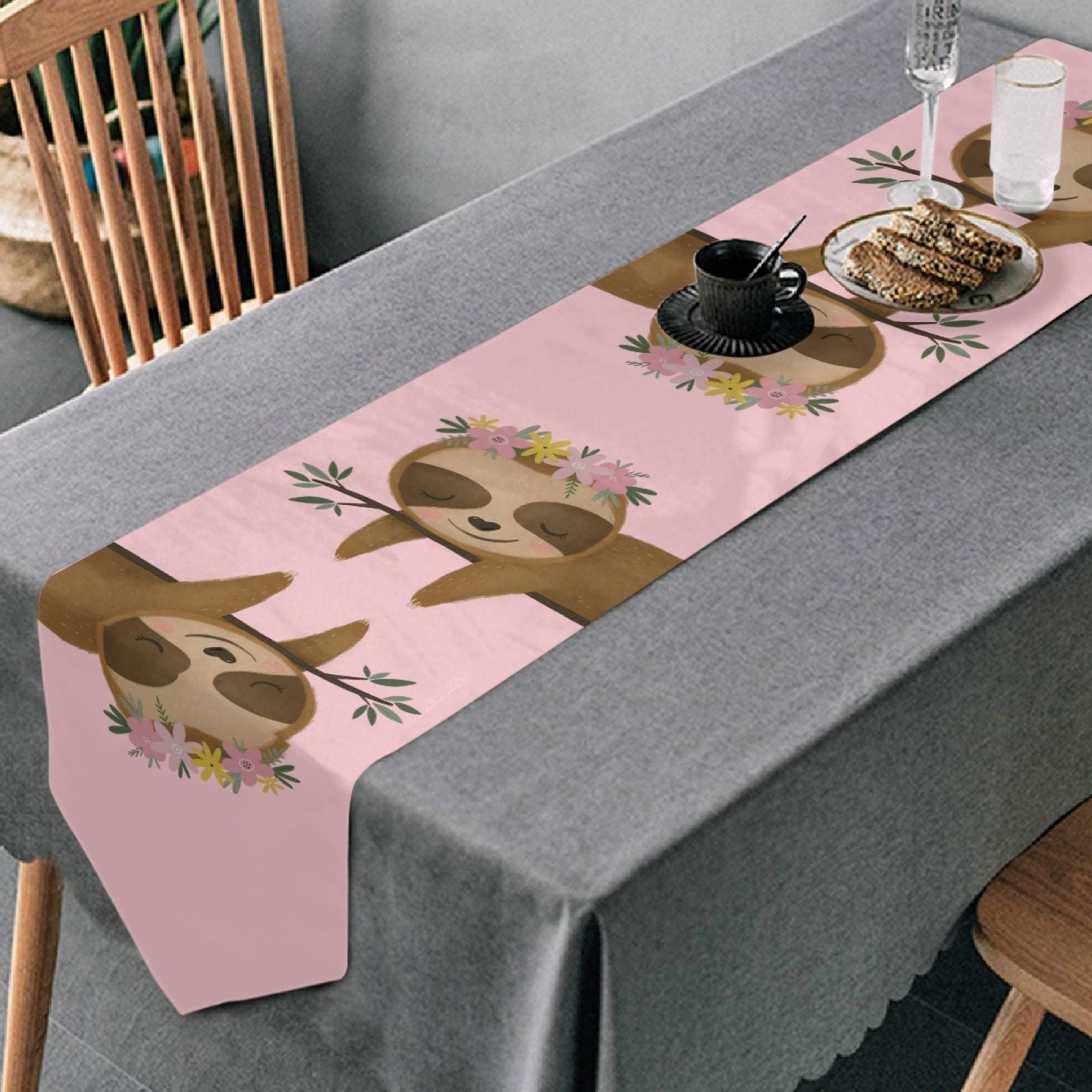FFYHO Cute Sloth Table Runner 13x70 Inch - Spring Floral Triangle Design Long Side Desk Dresser Scarf for Kitchen, Coffee Table, Dining Room Decor - Perfect for Parties & Home Decoration