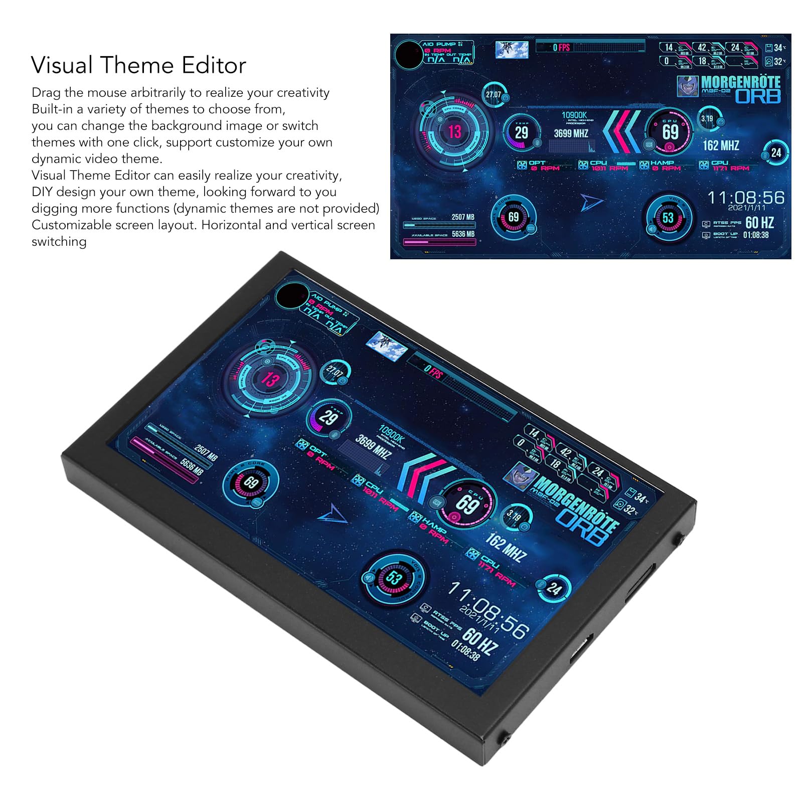 Annadue 5 Inch PC Temperature Monitor - Mini Secondary Display for CPU, RAM & HDD Data with Customizable Themes | DIY Computer Case Sensor Panel for Gaming Rigs & Workstations | Perfect for PC Builds, Overclocking & System Monitoring