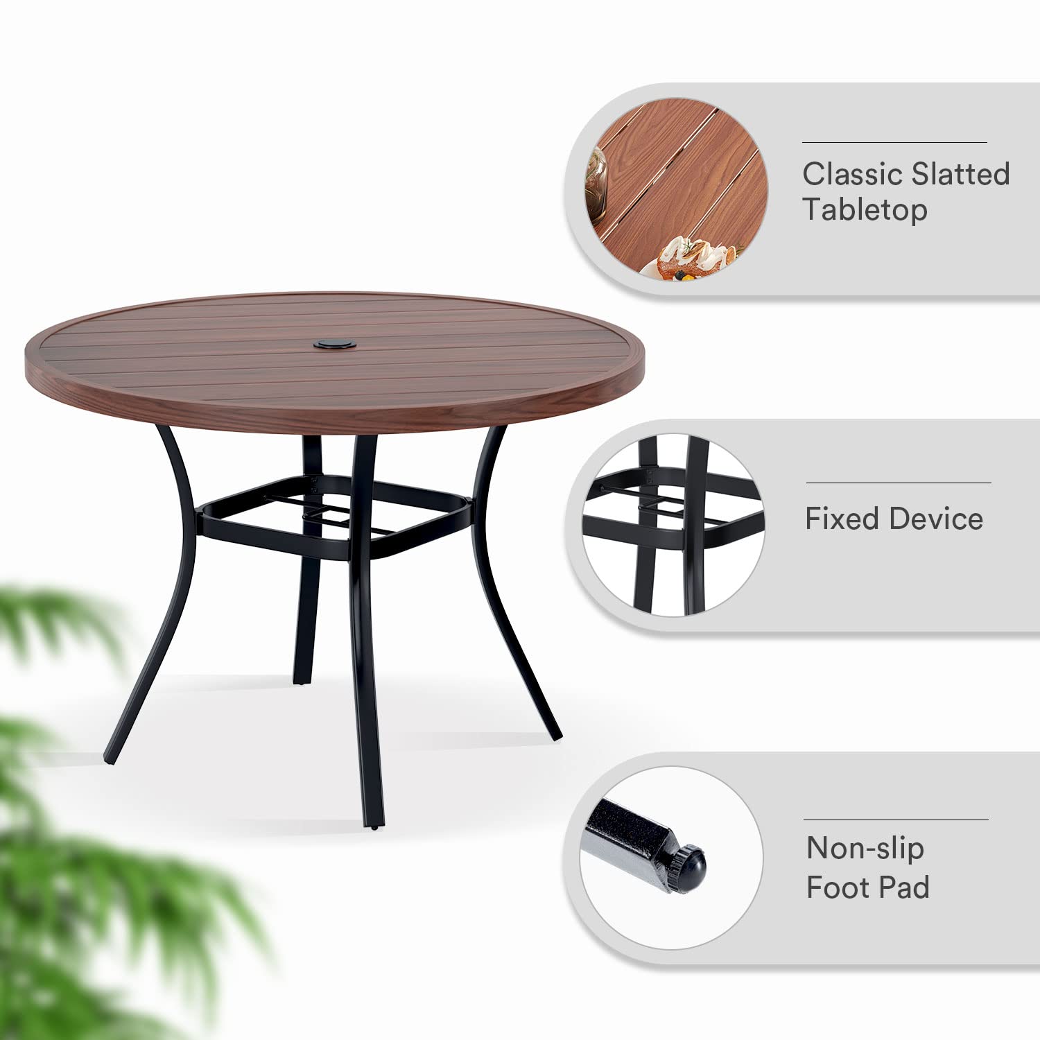 VICLLAX 42 Inch Round Outdoor Patio Dining Table with Metal Slatted Tabletop & Adjustable Umbrella Hole - Walnut Finish for Deck, Lawn, Garden, Backyard | Perfect for Outdoor Entertaining, BBQs, and Family Gatherings