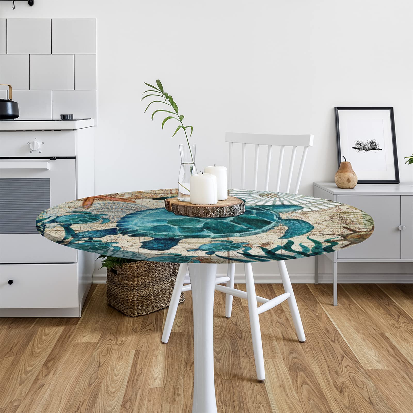 Elastic Edge Round Tablecloth - Ocean Nautical Seaweed Design, Wipeable Fitted Table Cover for Dining Kitchen (45