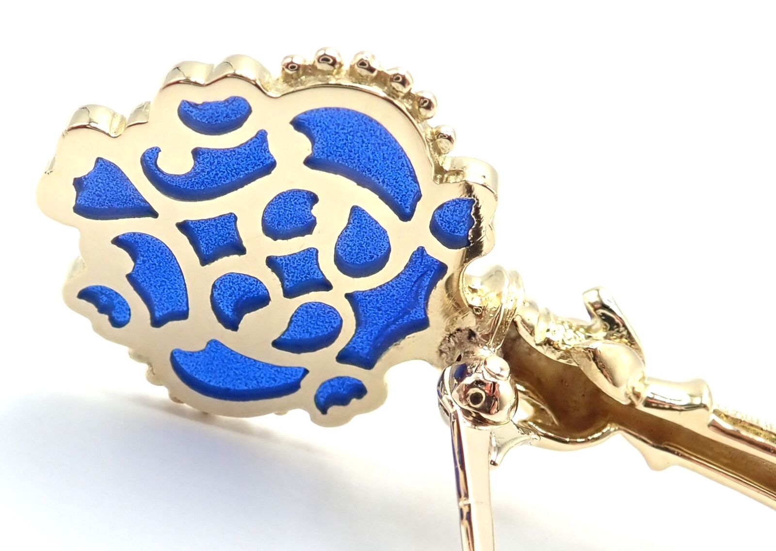 Authentic Vintage Mikimoto 18k Yellow Gold Blue Enamel Key Brooch Pin - Elegant Jewelry Gift for Women, Perfect for Weddings, Parties & Special Occasions