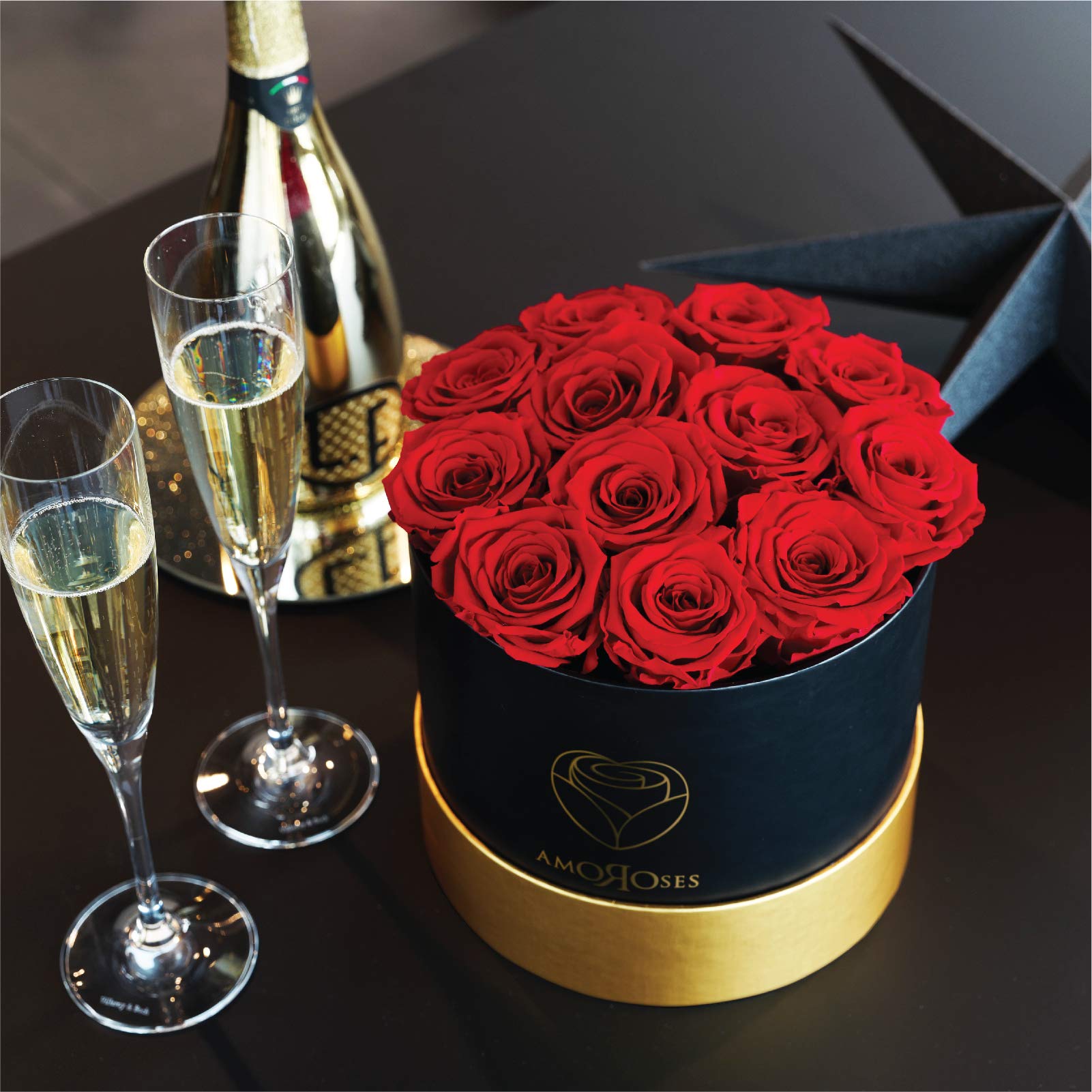 Amoroses 12 Preserved Real Roses Last for Years - Elegant Gift for Her, Valentine's Day, Anniversaries & Special Occasions (Black Box with Red Roses) - Perfect for Home Decor, Wedding Centerpieces & Romantic Surprises