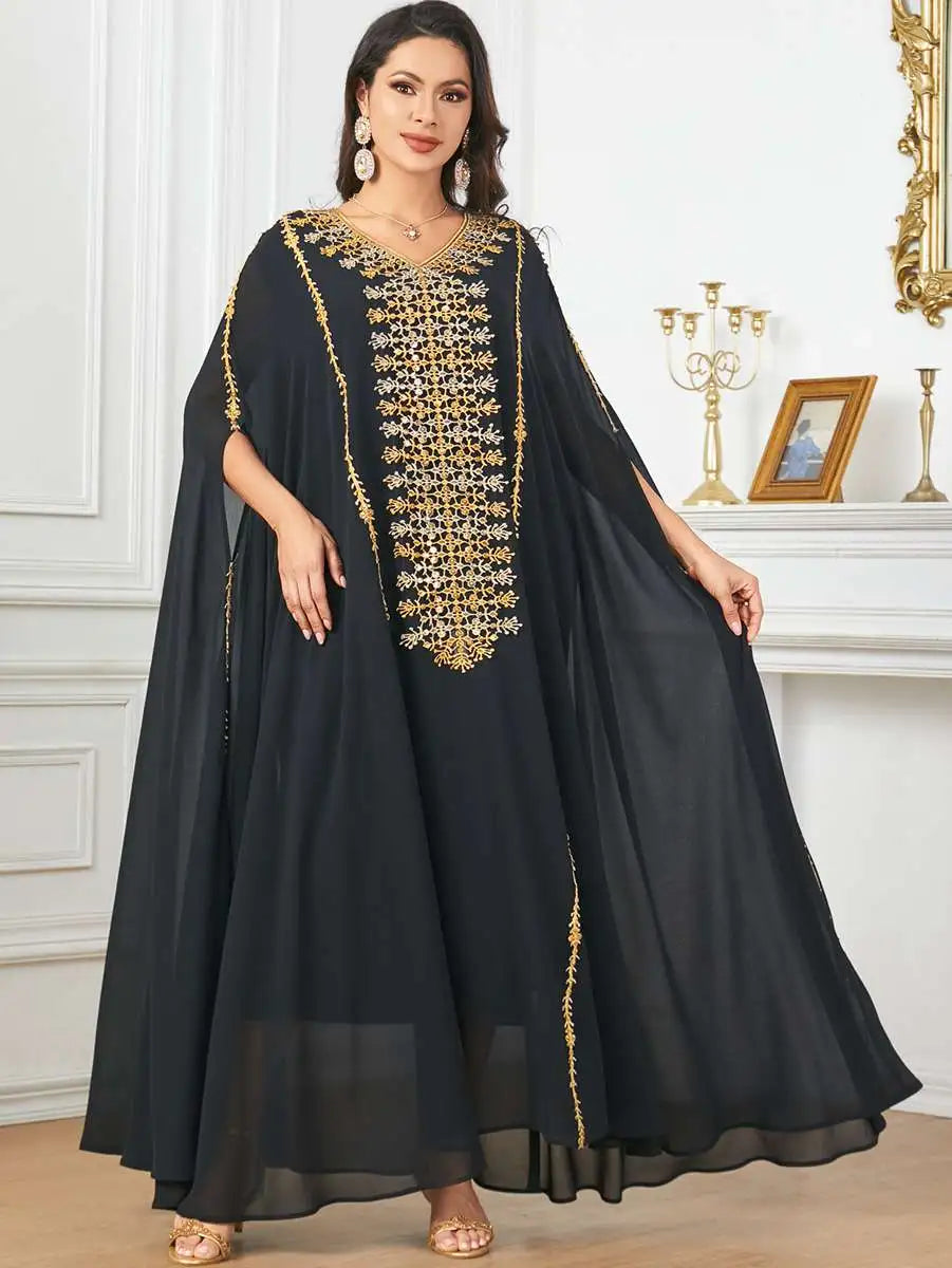 Elegant Eid Caftan Dress for Muslim Women - Flowy Chiffon Embroidery Maxi Dress - Perfect for Eid Celebrations, Weddings & Special Occasions