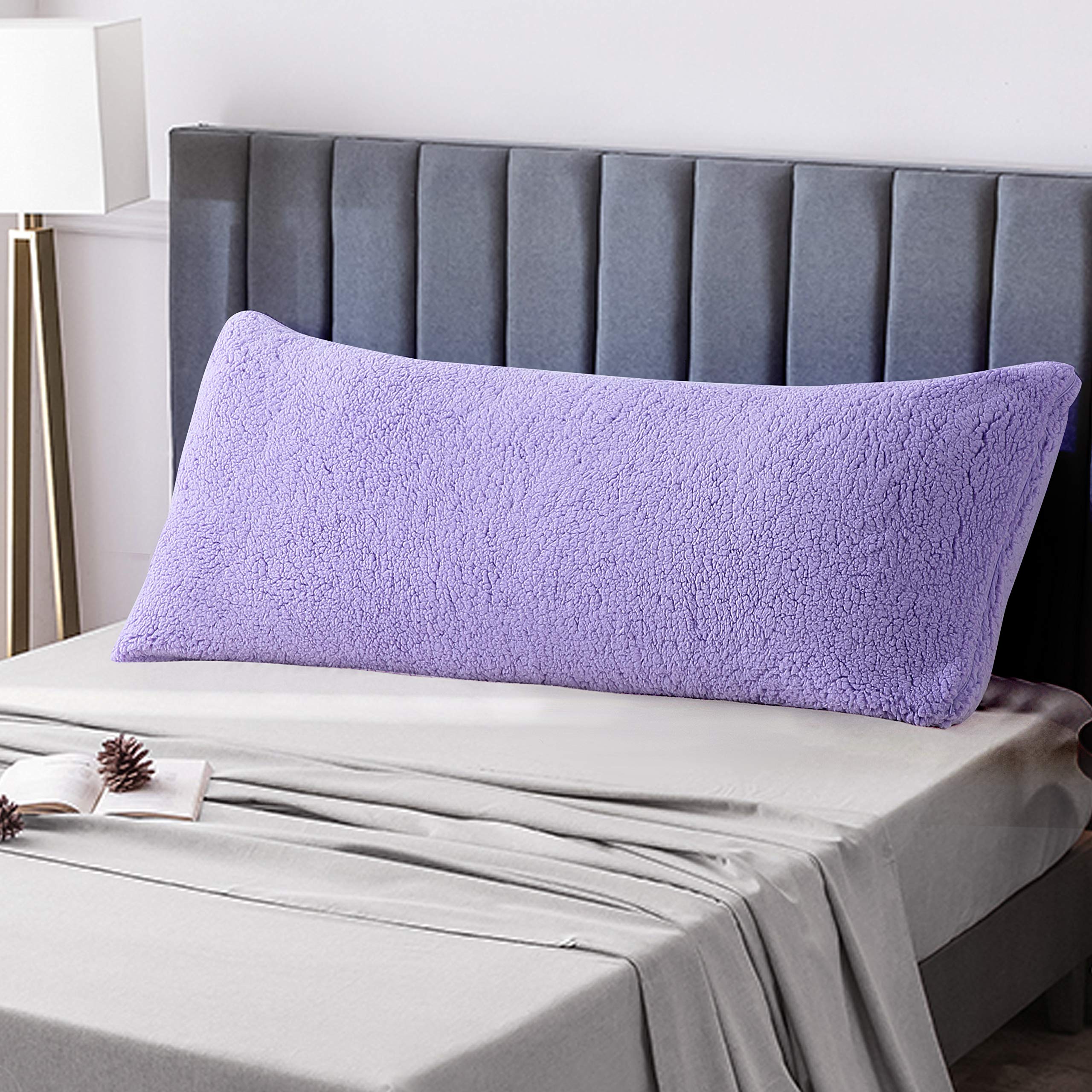 Reafort Ultra Soft Sherpa Body Pillow Cover with Zipper Closure - 21x54 Inches - Cozy Flannel-Like Fabric for Couch, Bed & Travel - Machine Washable - Lilac Color (Body Pillow Case for Adults & Kids)