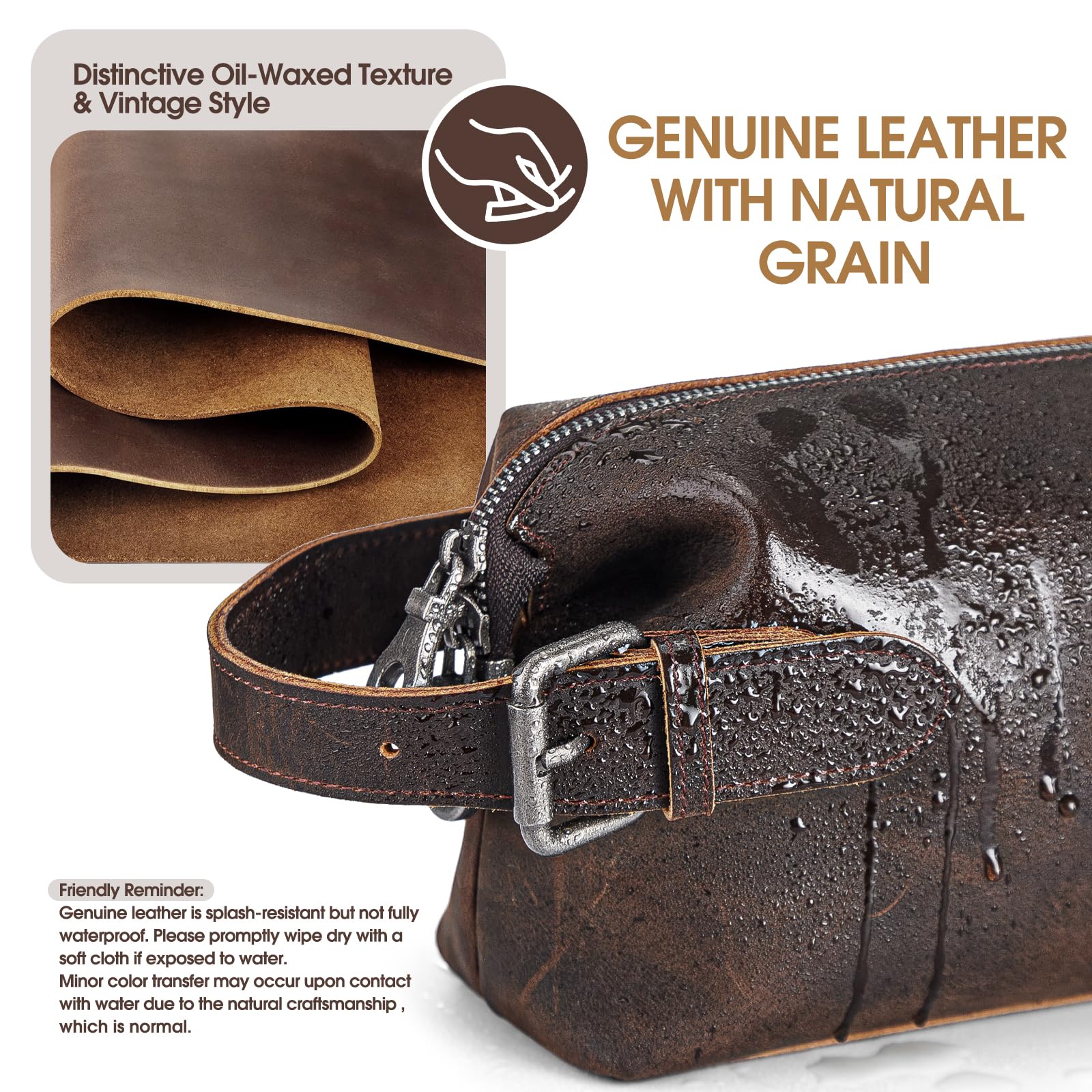 100% Genuine Leather Toiletry Bag for Men - Premium Handmade Crazy Horse Grain Travel Shaving Kit - Perfect Gift for Father, Husband - Hanging Dopp Kit Organizer for Travel, Gym & Daily Use