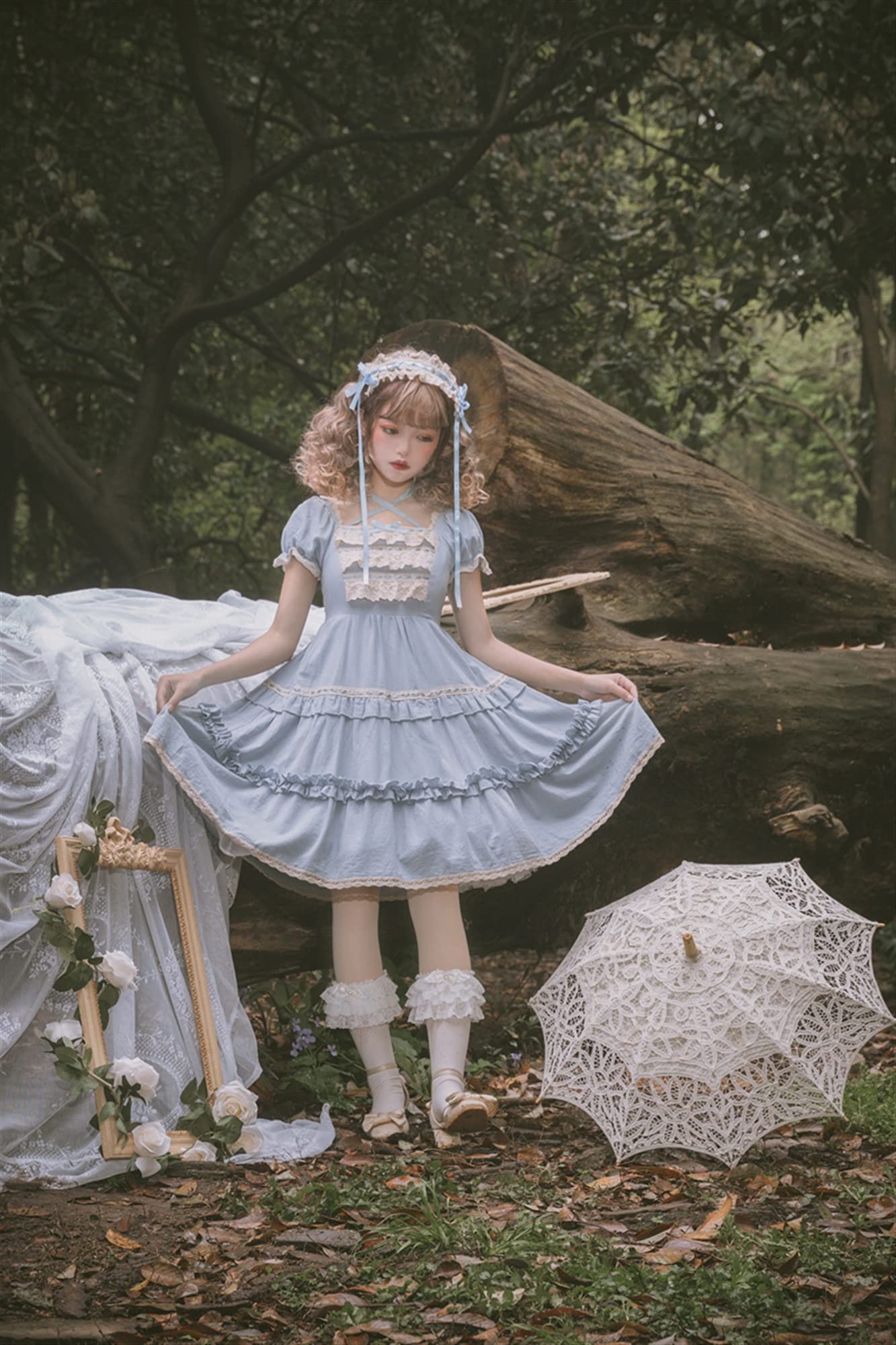 Kawaii Lolita Dress Short Sleeve Lace Dress - Blue One Size | Cute Japanese Style Fashion for Cosplay, Tea Parties & Daily Wear