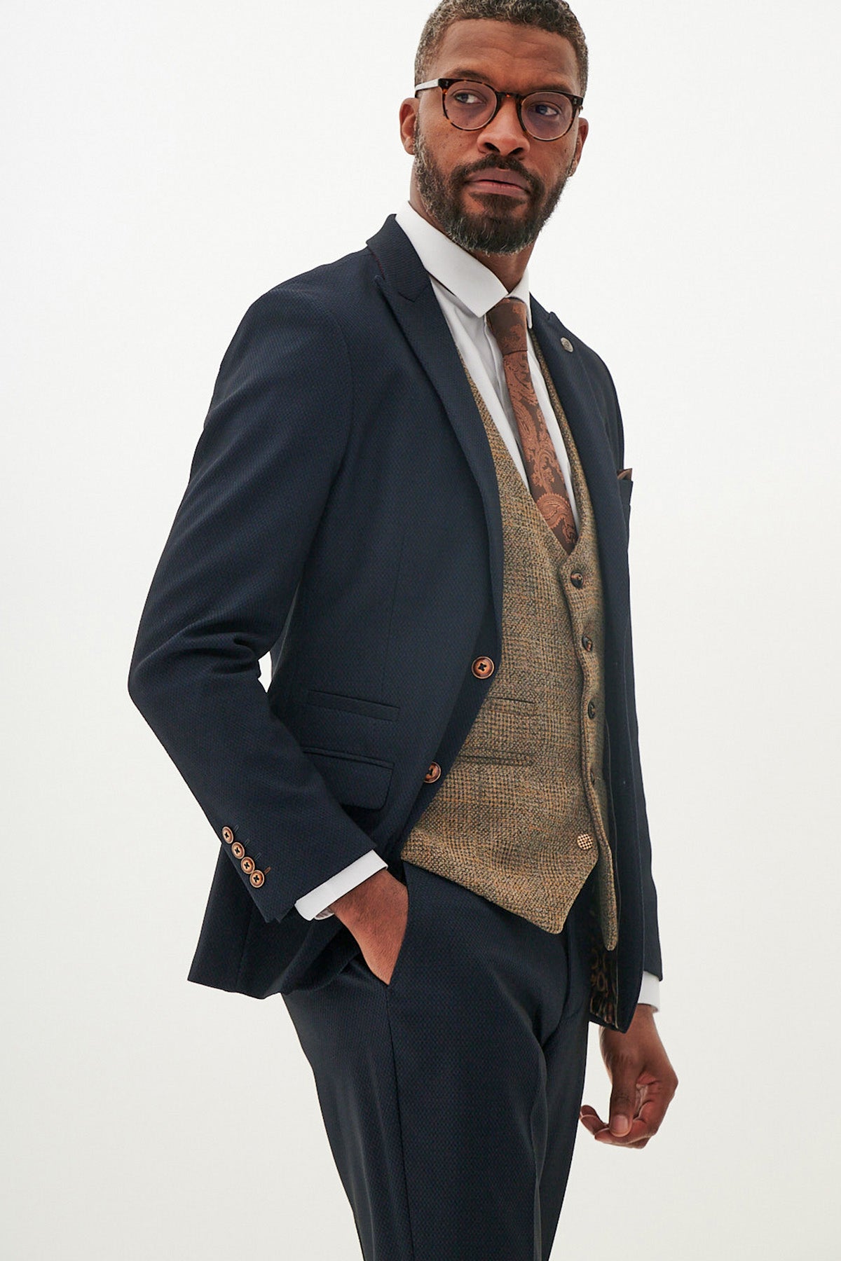 Premium Navy Blue Suit with Kris Tan Tweed Waistcoat for Men - Formal Business Attire & Wedding Outfit