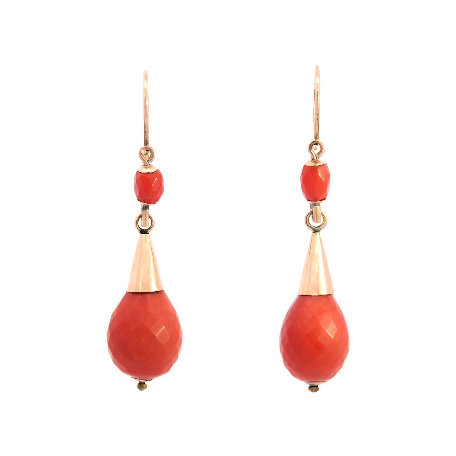 18K Gold Victorian Style Faceted Coral Dangle Earrings - Elegant Vintage Jewelry for Women, Perfect for Weddings, Parties & Special Occasions