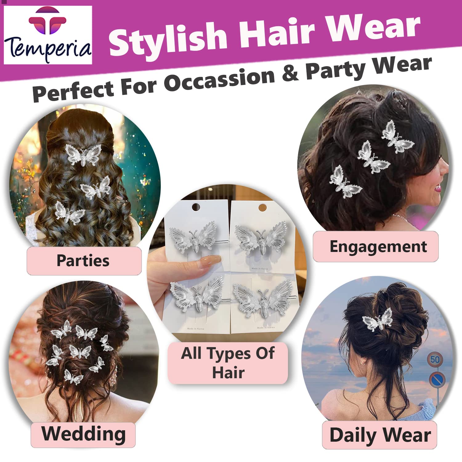 Stylish Butterfly Hair Pins for Women & Girls - 6 Pack Silver Bridal Hair Clips for Bun, Braid & Hairstyle Decoration - Perfect for Weddings, Parties & Everyday Wear