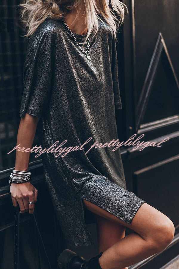 Dark Sparkly Relaxed Slit T-Shirt Mini Dress for Women | Party, Club & Night Out Outfits