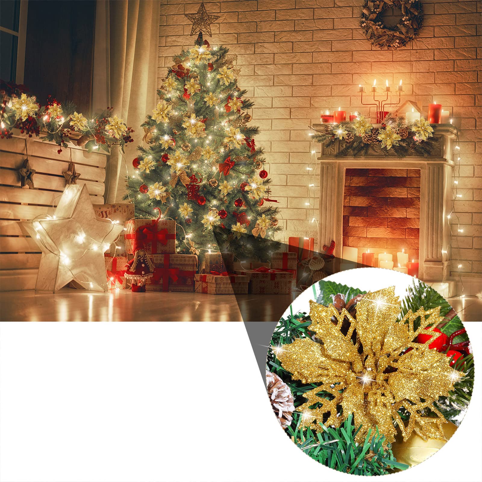 24-Piece Gold Glitter Artificial Poinsettia Flowers - Christmas Tree Decorations, Wedding Centerpieces, Holiday Party & New Year Ornaments for Festive Home Decor