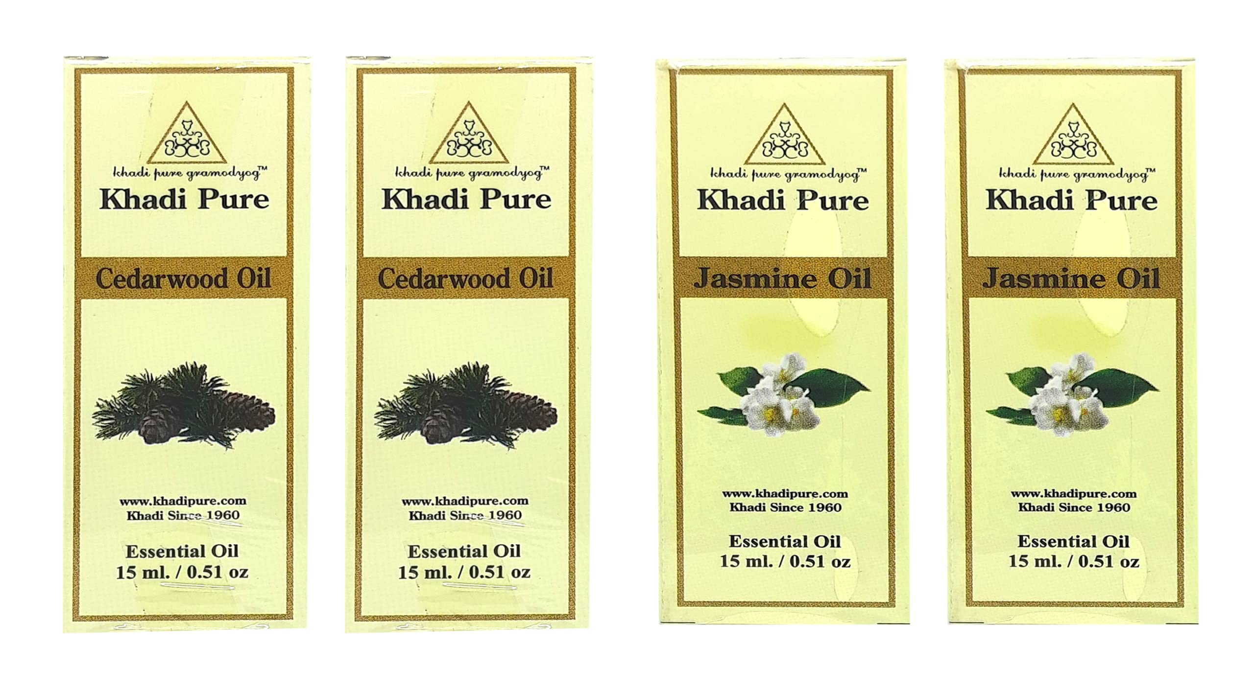Khadi Pure Cedarwood & Jasmine Essential Oil - 15ml (Pack of 4) | Aromatherapy, Relaxation & Skin Care | Perfect for Diffusers, Massage & DIY Beauty Products