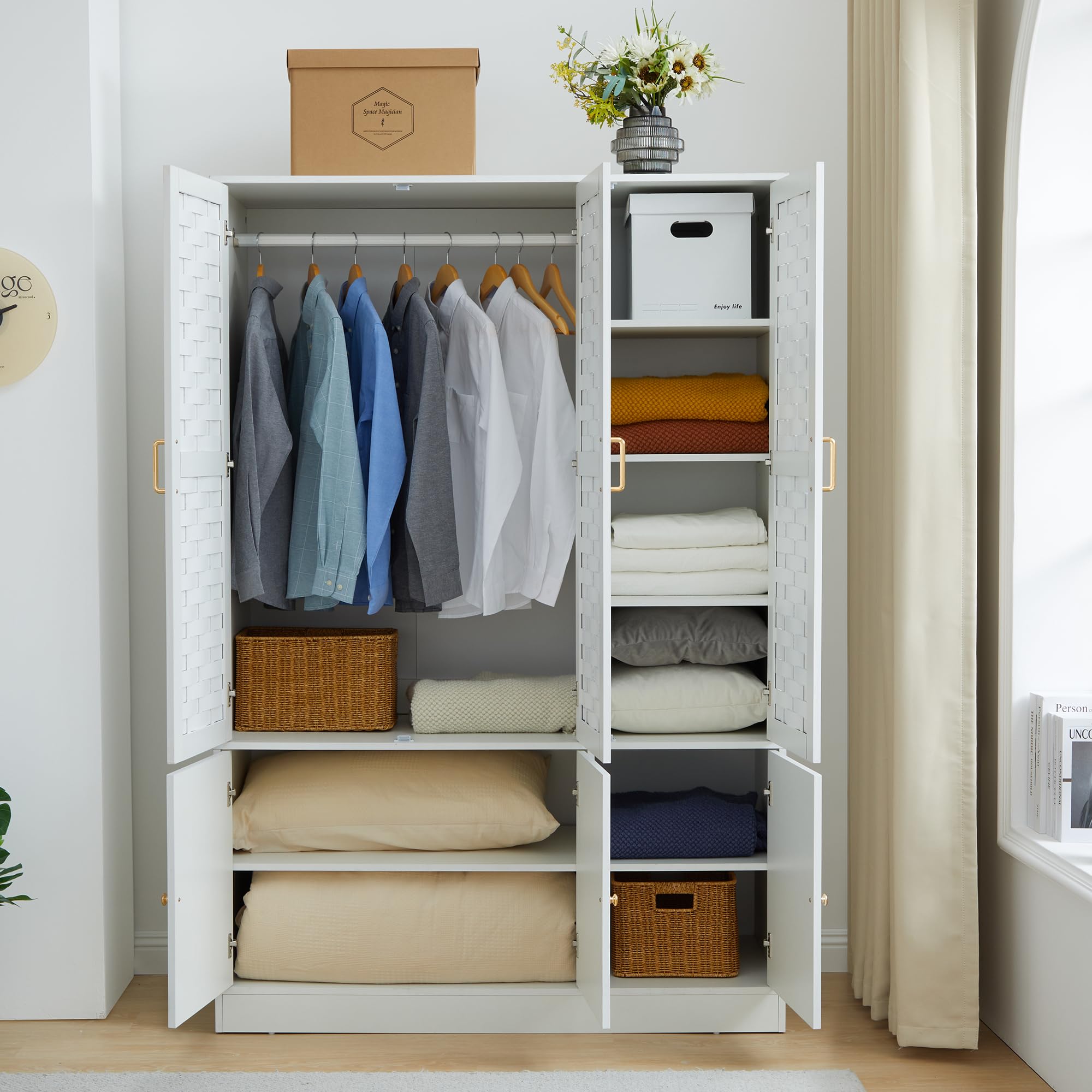 Large White Wooden Armoire Wardrobe with 6 Woven Doors, 8 Shelves & Metal Handles - Spacious Storage Cabinet with Hanging Rod for Bedroom, Closet or Living Room Organization