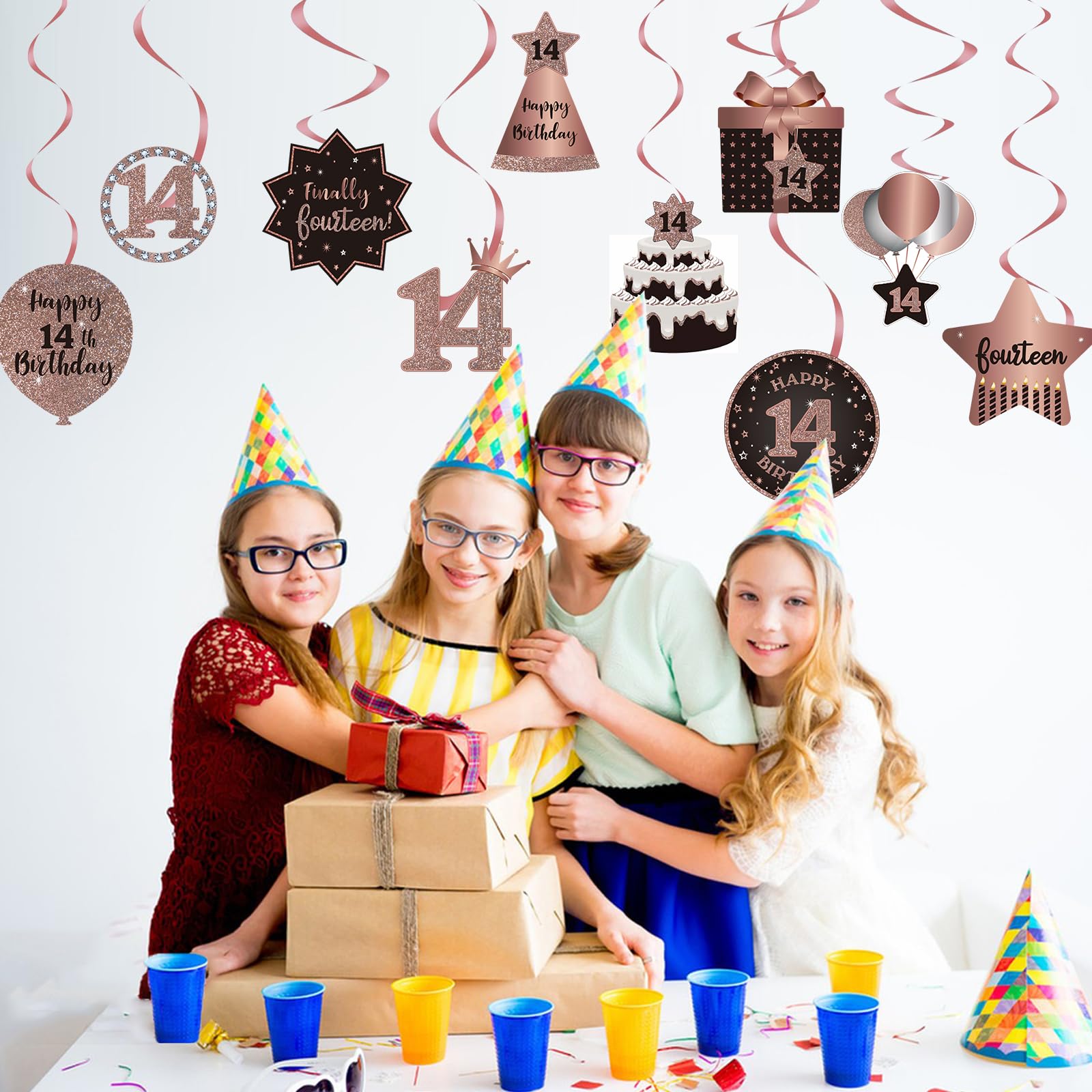 14th Birthday Party Decorations - Rose Gold Hanging Swirls & Streamers with Cutouts for Ceiling | 14 Years Old Celebration Supplies | Perfect for Teen Birthday Parties, Sweet 16 Decorations & Milestone Events