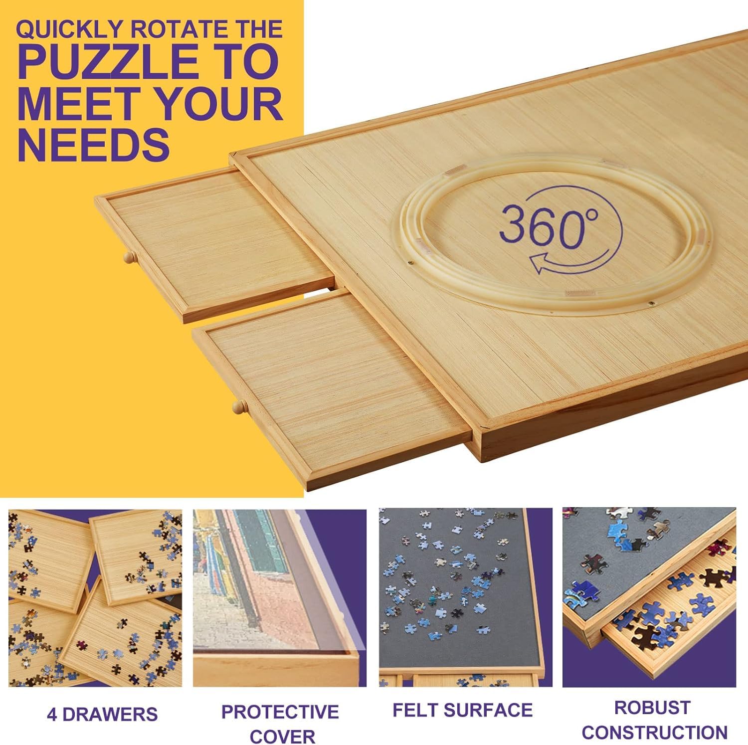 Premium 1500-Piece Rotating Puzzle Board with 4 Storage Drawers & Cover - 34.2