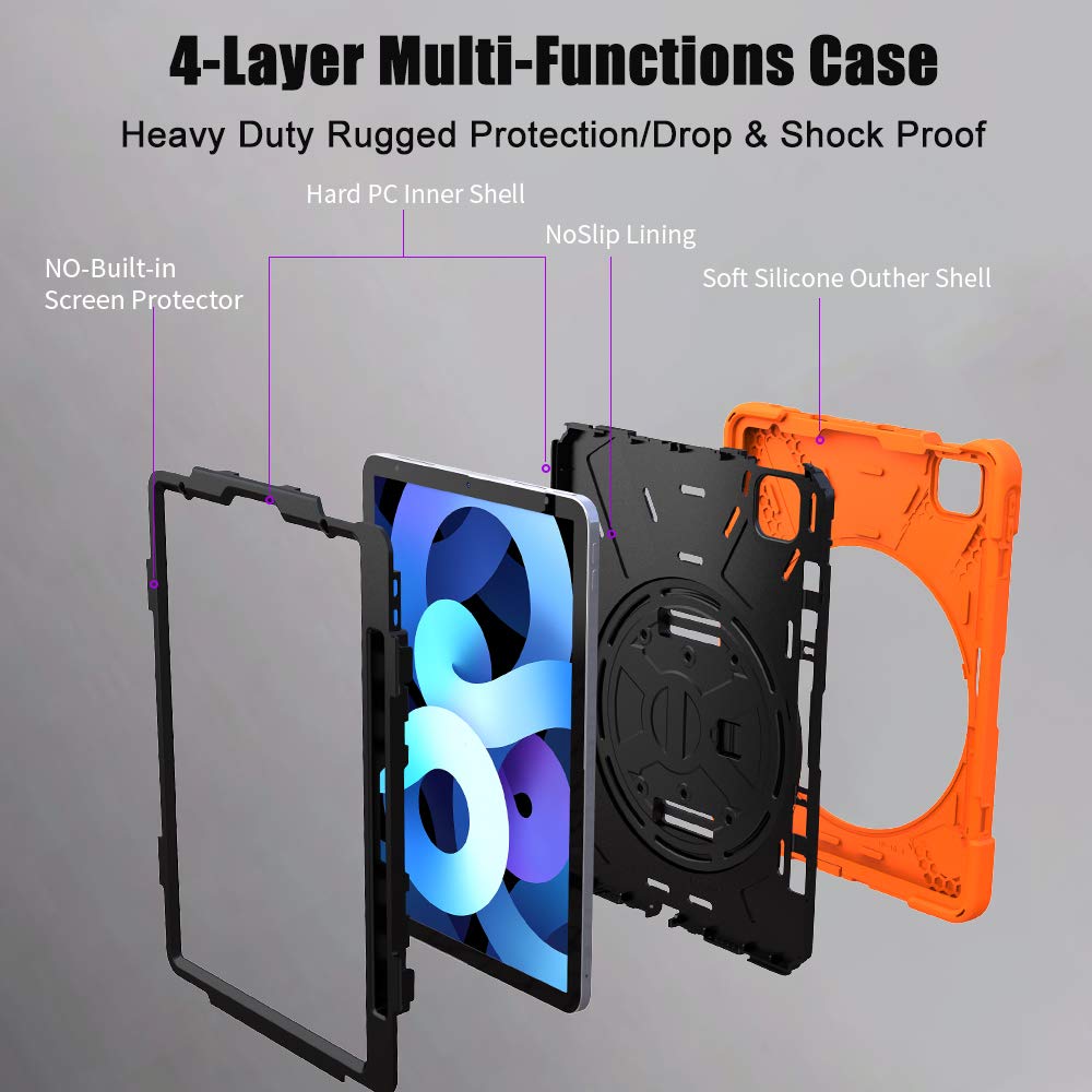 ZenRich iPad Air 5th/4th Generation Case - Shockproof Rugged Protective Cover with Pencil Holder, Stand & Adjustable Hand Strap for iPad Air 10.9 Inch (2022/2020 Model) - Perfect for Travel, Work & Outdoor Activities - Orange