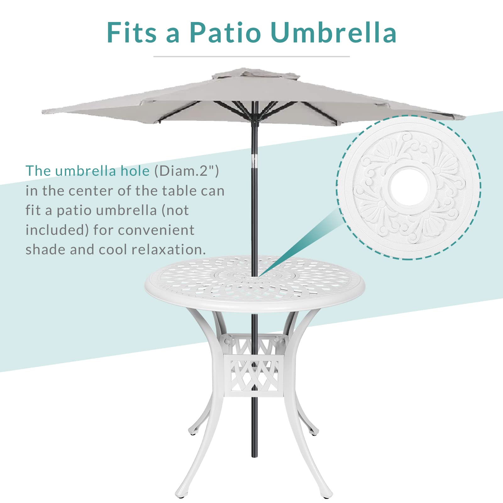 MEETWARM 31 Inch Round Outdoor Bistro Table - White Cast Aluminum Patio Dining Table with 2 Inch Umbrella Hole | Perfect for Small Balcony, Garden, Poolside & Backyard Dining