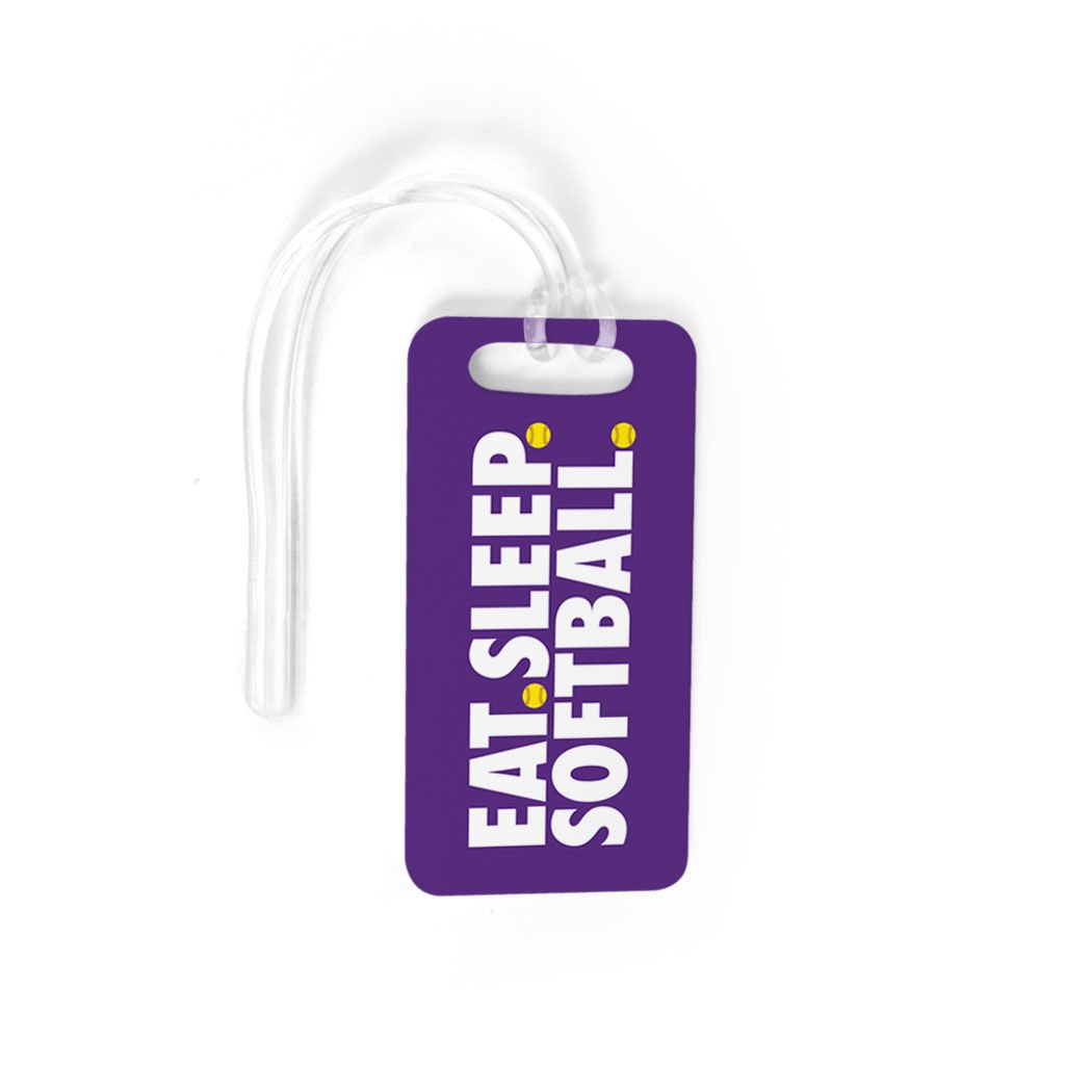 Custom Purple Softball Luggage Tag - Personalized Name & Info on Back - Perfect for Travel, Sports Gear & Softball Tournaments - Eat Sleep Softball Design