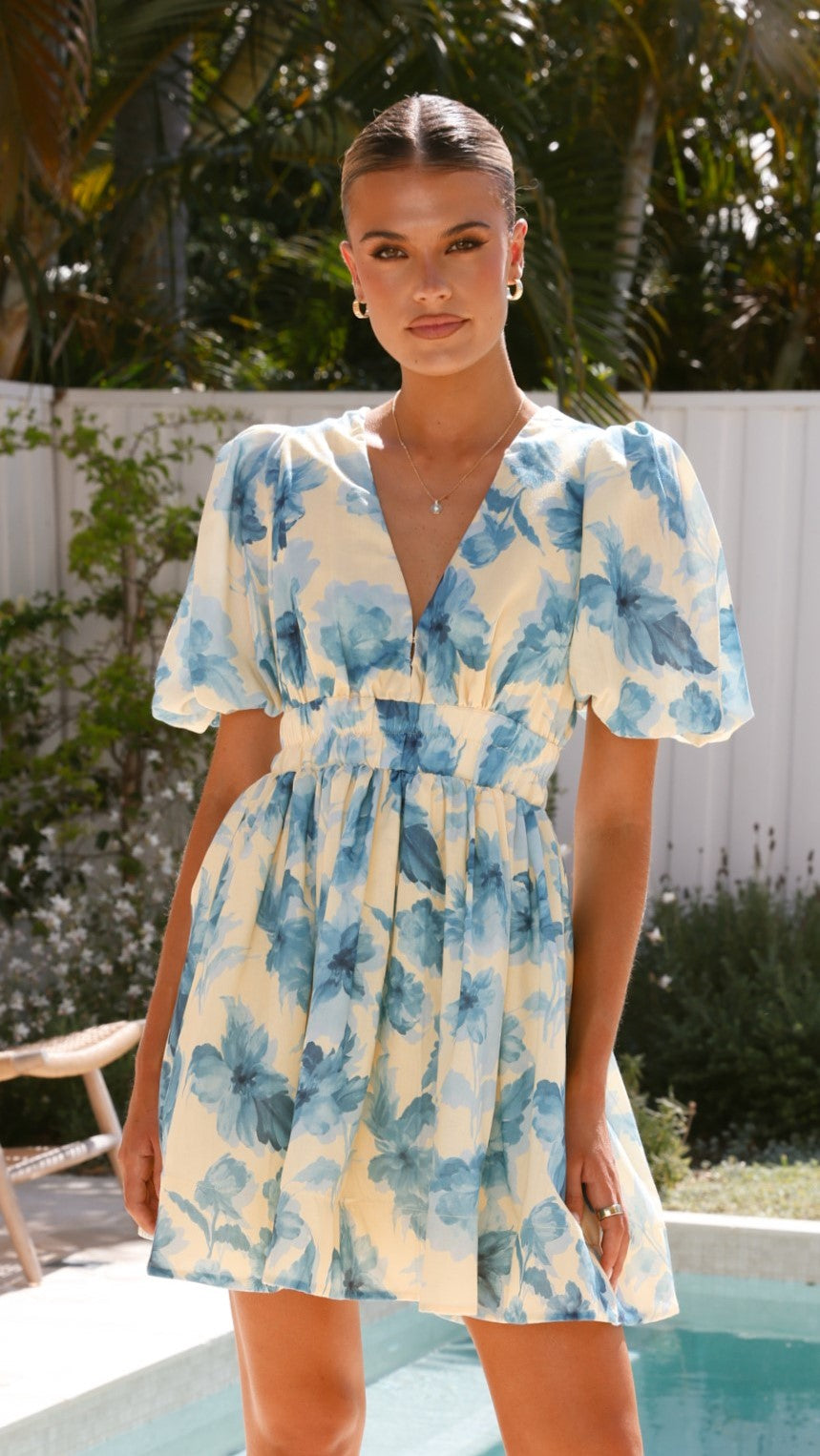 Erin Mini Dress - Yellow & Blue Floral Print Summer Dress for Women | Casual Wear, Beach Outfit, Party Dress