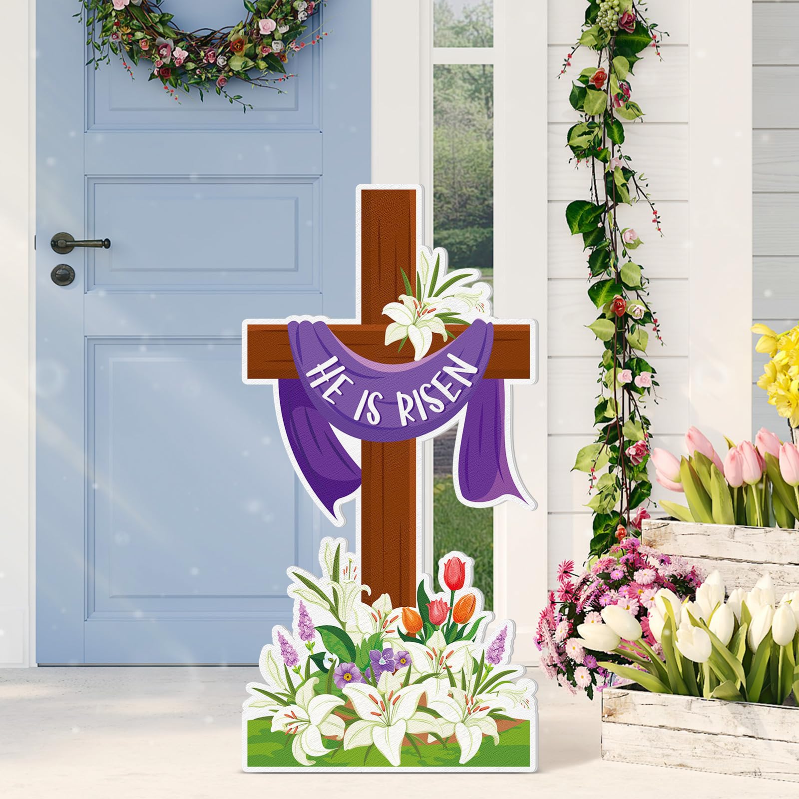 Large 31.49 x 17.45 Inch He Is Risen Wooden Easter Porch Sign - Farmhouse Rustic Religious Decor for Indoor Outdoor Home, Front Door, Kitchen & Porch - Perfect for Easter Celebrations, Church Events & Spring Home Decorating