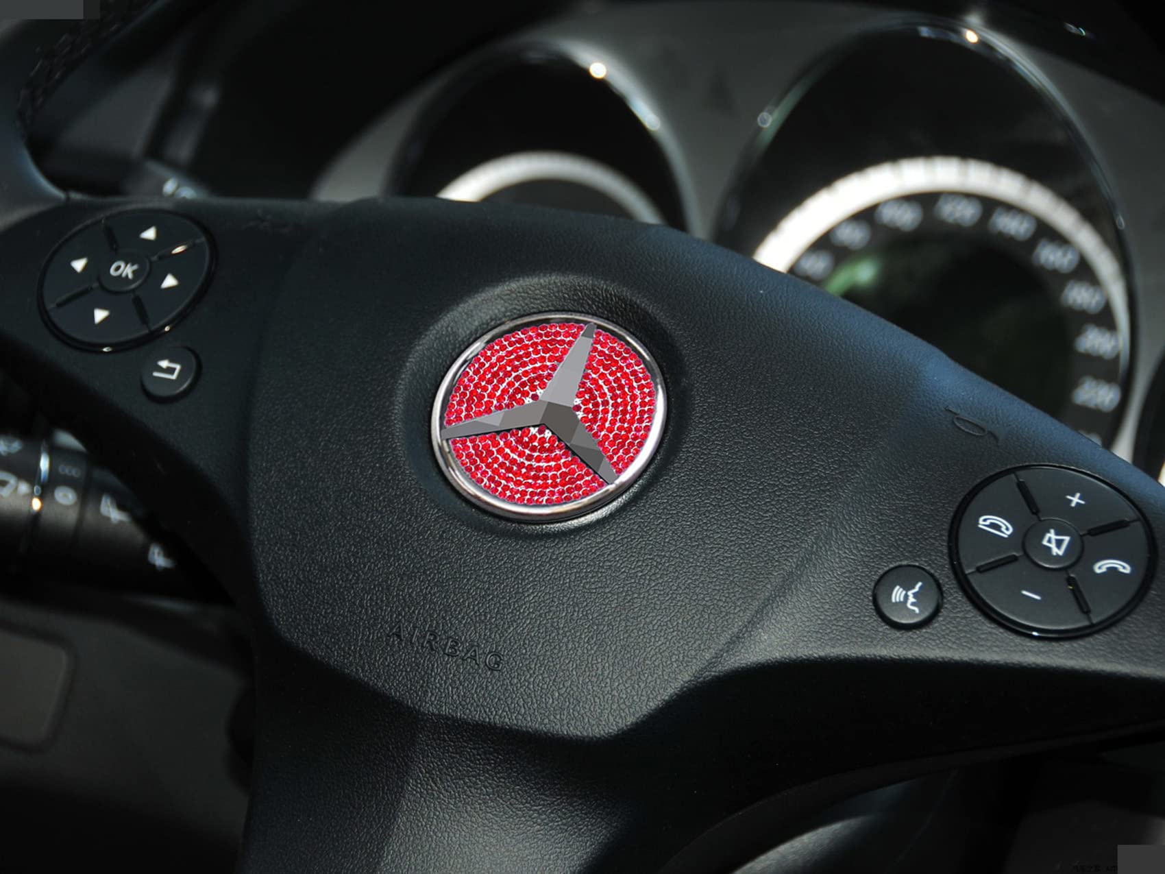 Diamond Crystal Steering Wheel Logo Caps for Mercedes Benz - Bling Emblem Badge Accessories (Red 45mm) | Luxury Car Interior Decoration for Women | Perfect for Gifts & Customization