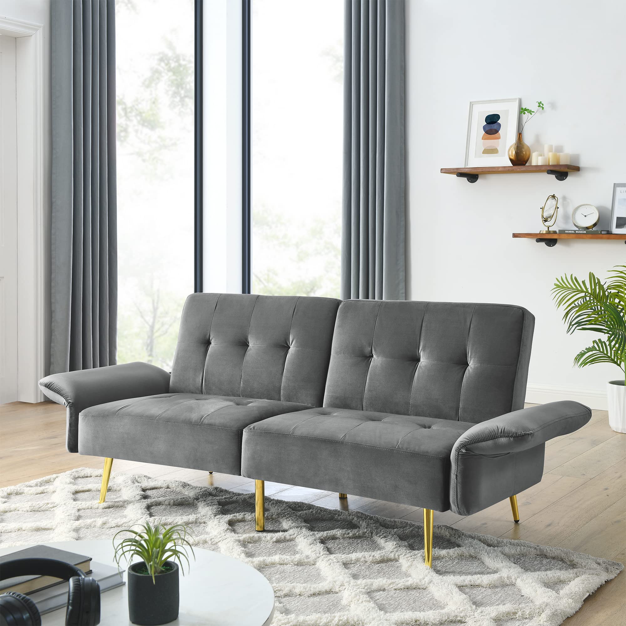 Anwick Convertible Velvet Futon Sofa Bed - Memory Foam Sleeper Couch with Adjustable Backrest & Armrests, 77.5
