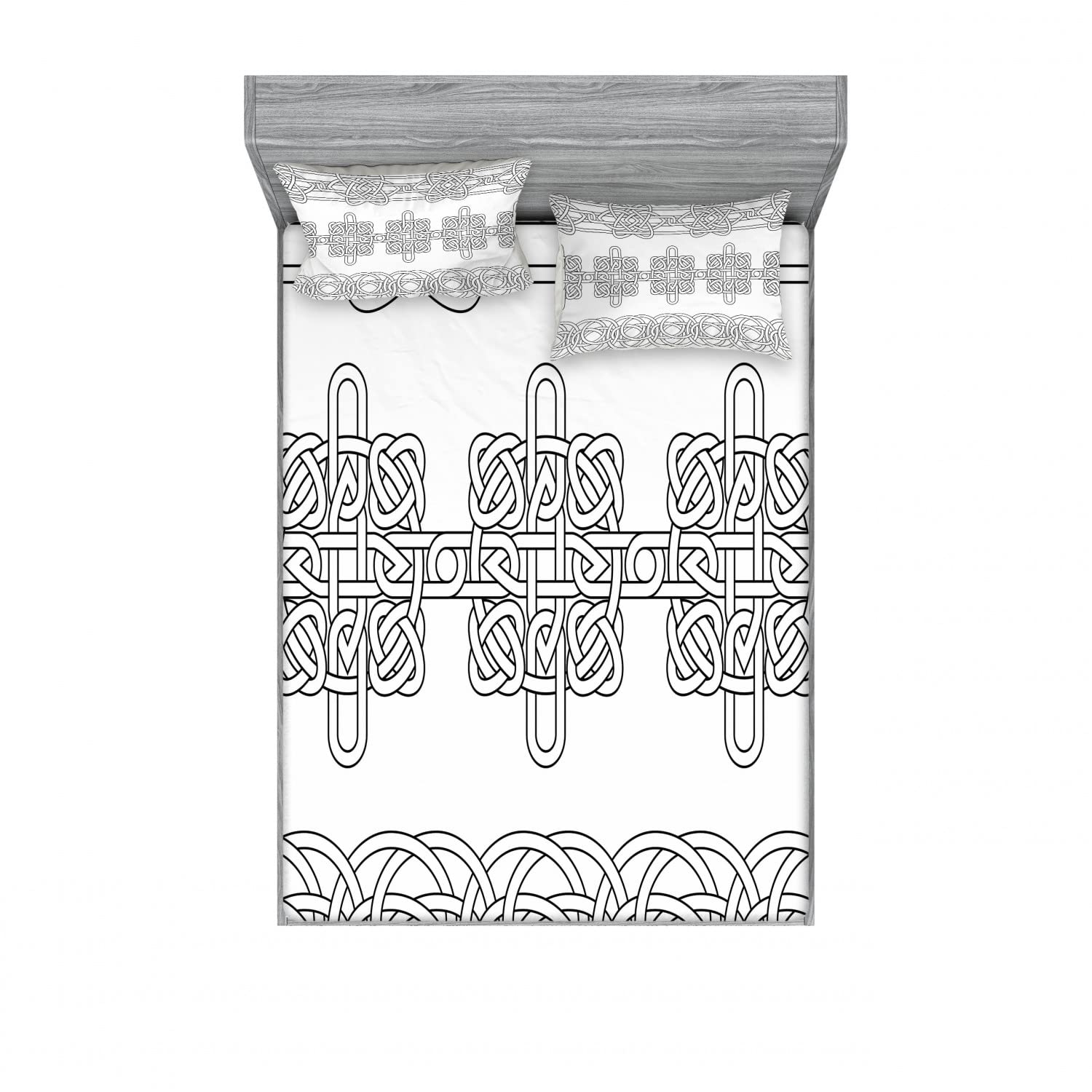 Ambesonne Irish 2-Piece Queen Size Fitted Sheet Set with 4 Pillow Shams - Black & White Indigenous Stencil Art Bedding Collection | Soft & Breathable for Cozy Bedroom Decor, Guest Room Essentials, Hotel Style Luxury Linens