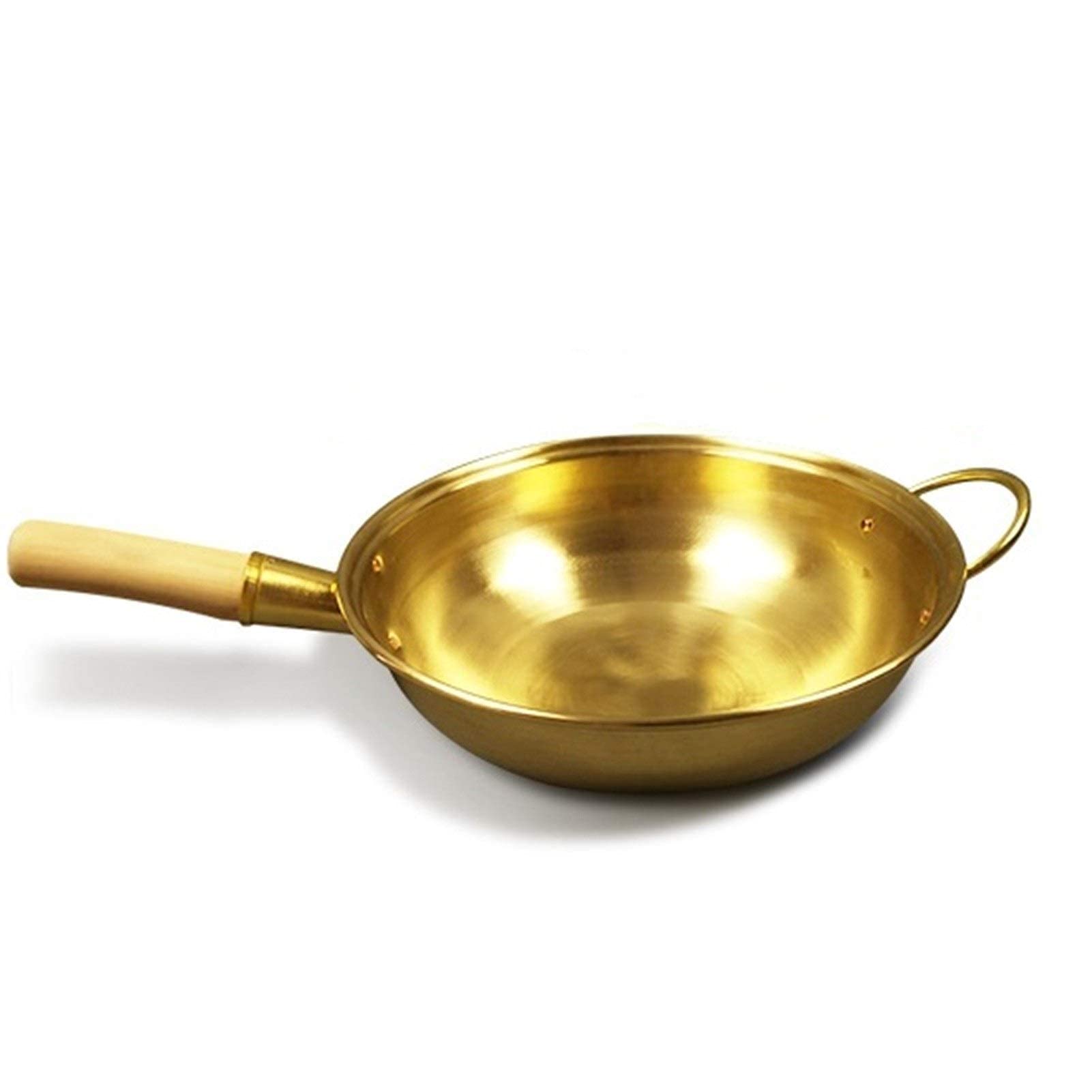 **Pure Copper Wok Pan - 34cm Thickened Brass Frying Pan with Wooden Handle - Professional Cookware for Stir-Fry, Sauté & Deep Frying - Ear Copper Pot for Home & Restaurant Use**