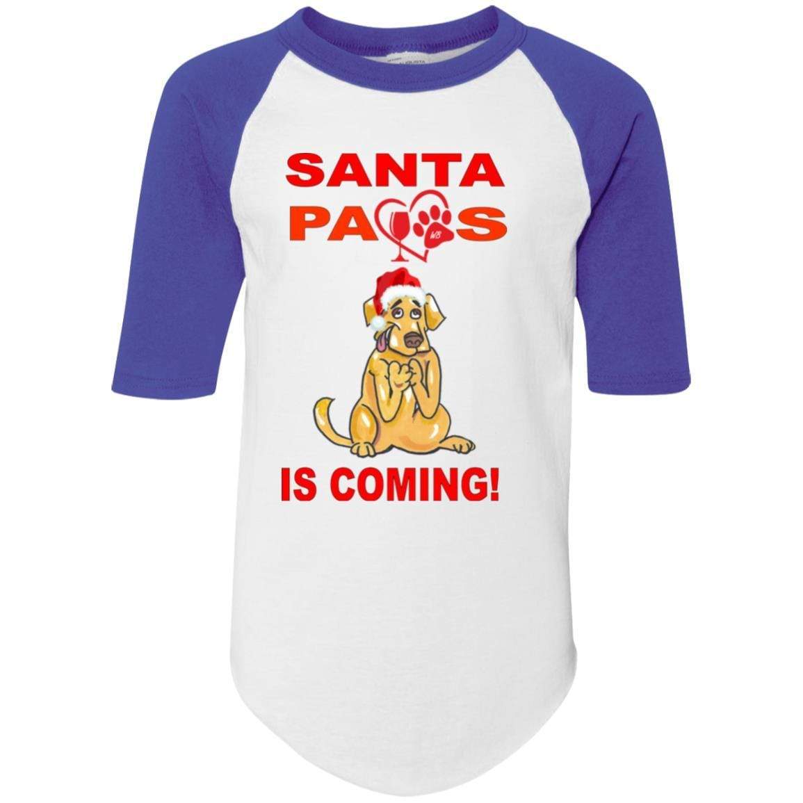 Santa Paws Is Coming - Youth Colorblock Raglan Jersey for Dogs | Christmas Pet Apparel | Holiday Photo Outfits & Festive Dress Up