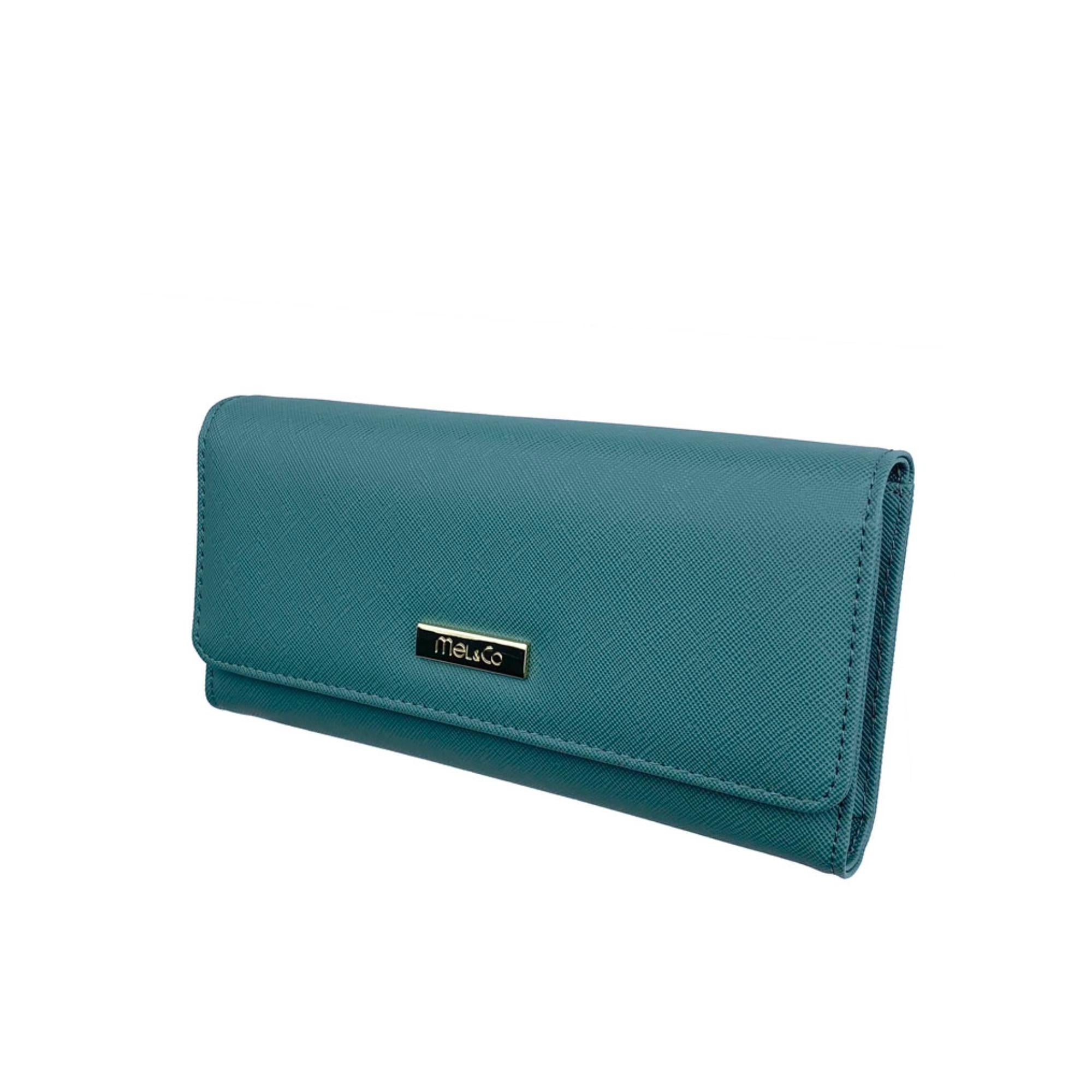 Mel&Co Saffiano Leatherette Tri-Fold Long Wallet for Women - Slim RFID Blocking Credit Card Holder with Multiple Pockets (Sea Green) - Perfect for Everyday Use, Travel & Gift Giving