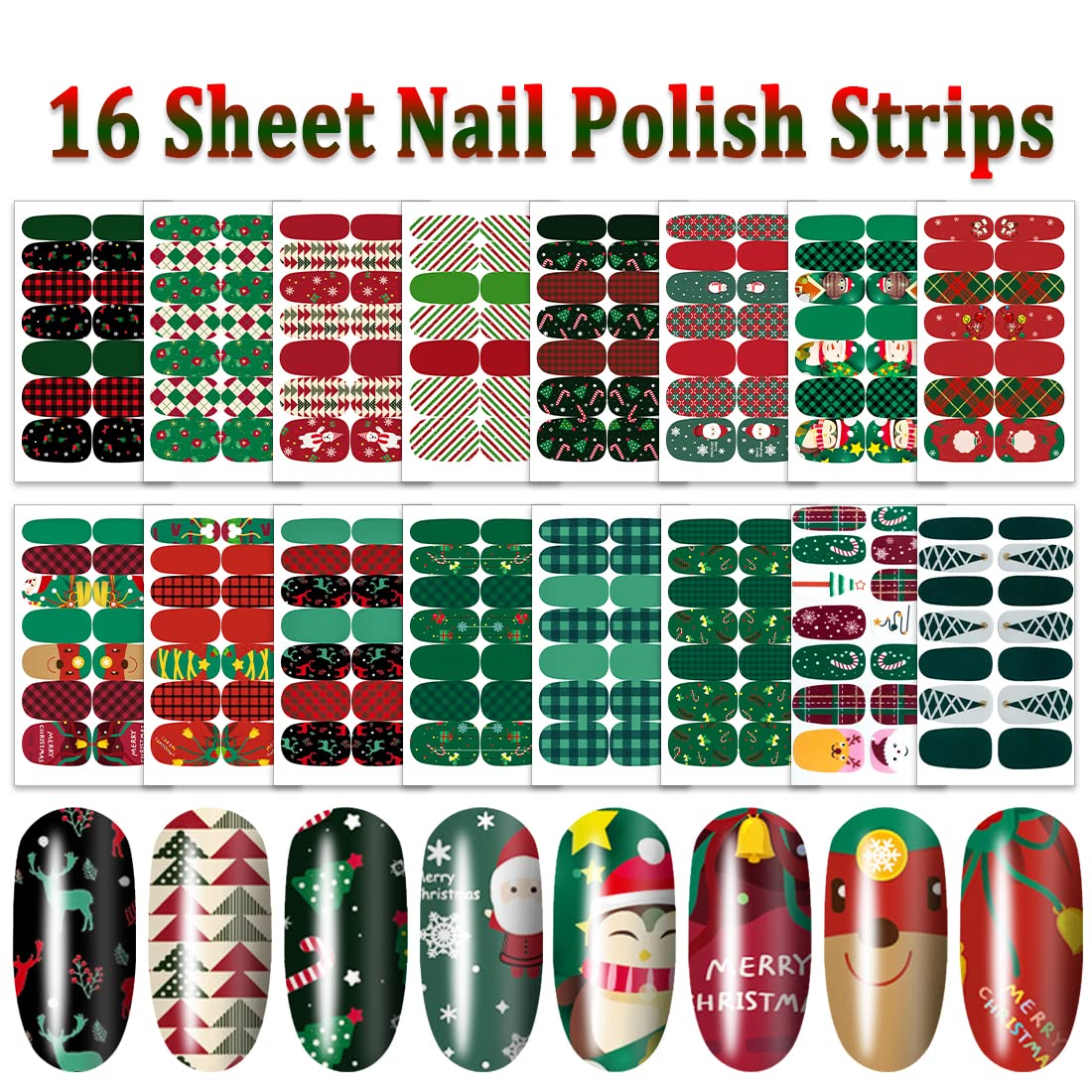 DANNEASY 224-Piece Christmas Nail Polish Strips Kit - 16 Sheets Holiday Nail Stickers, Nail Wraps & Adhesive Nail Art Decals for Women with Nail File & Cuticle Pusher (Green Series) - Perfect for Holiday Parties, Gift Giving & DIY Manicures