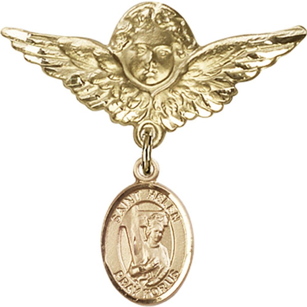 St. Helen Gold Filled Baby Badge Pin with Angel Wings Charm - 1 1/8 X 1 1/8 Inch Vintage Religious Jewelry - Perfect for Christening Gifts, Baby Showers & First Communion Keepsakes
