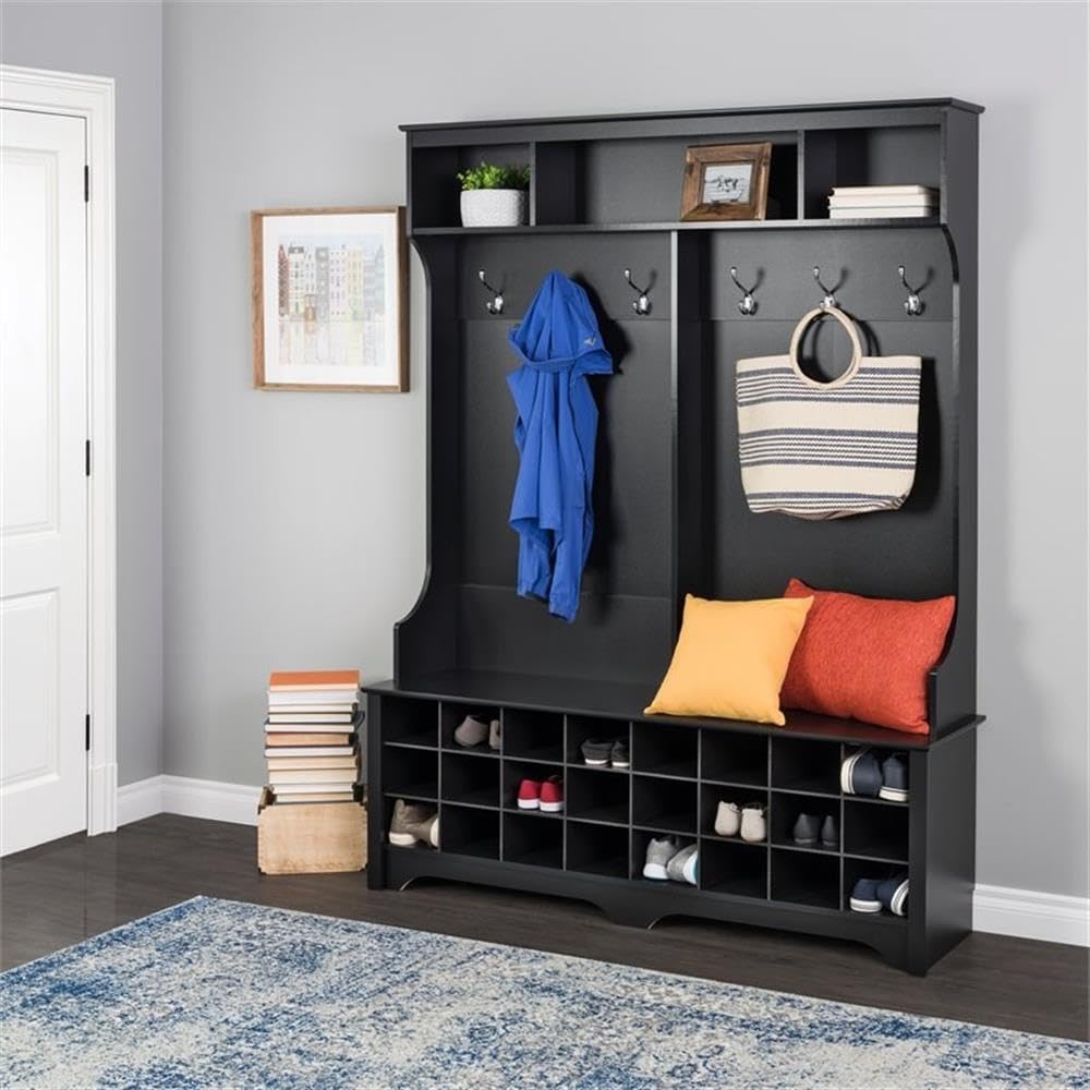 Prepac Black Hall Tree Entryway Storage Cabinet - 24 Shoe Cubbies & 6 Double Coat Hooks - 15.5