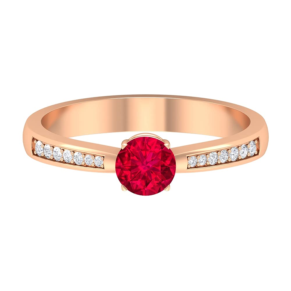 14K Solid Gold Ruby and Diamond Ring for Women | 5MM Round Cut Red Ruby with Diamond Side Stones | Elegant Solitaire Ring for Engagement, Anniversary & Special Occasions