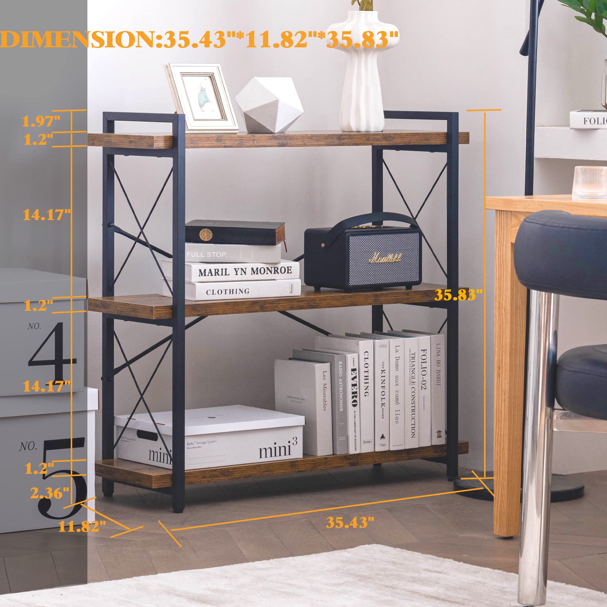 3-Tier Industrial Bookcase - Rustic Open Wood & Metal Bookshelf for Living Room, Office, Bedroom - Sturdy Horizontal Storage Shelf for Books, Decor, Plants