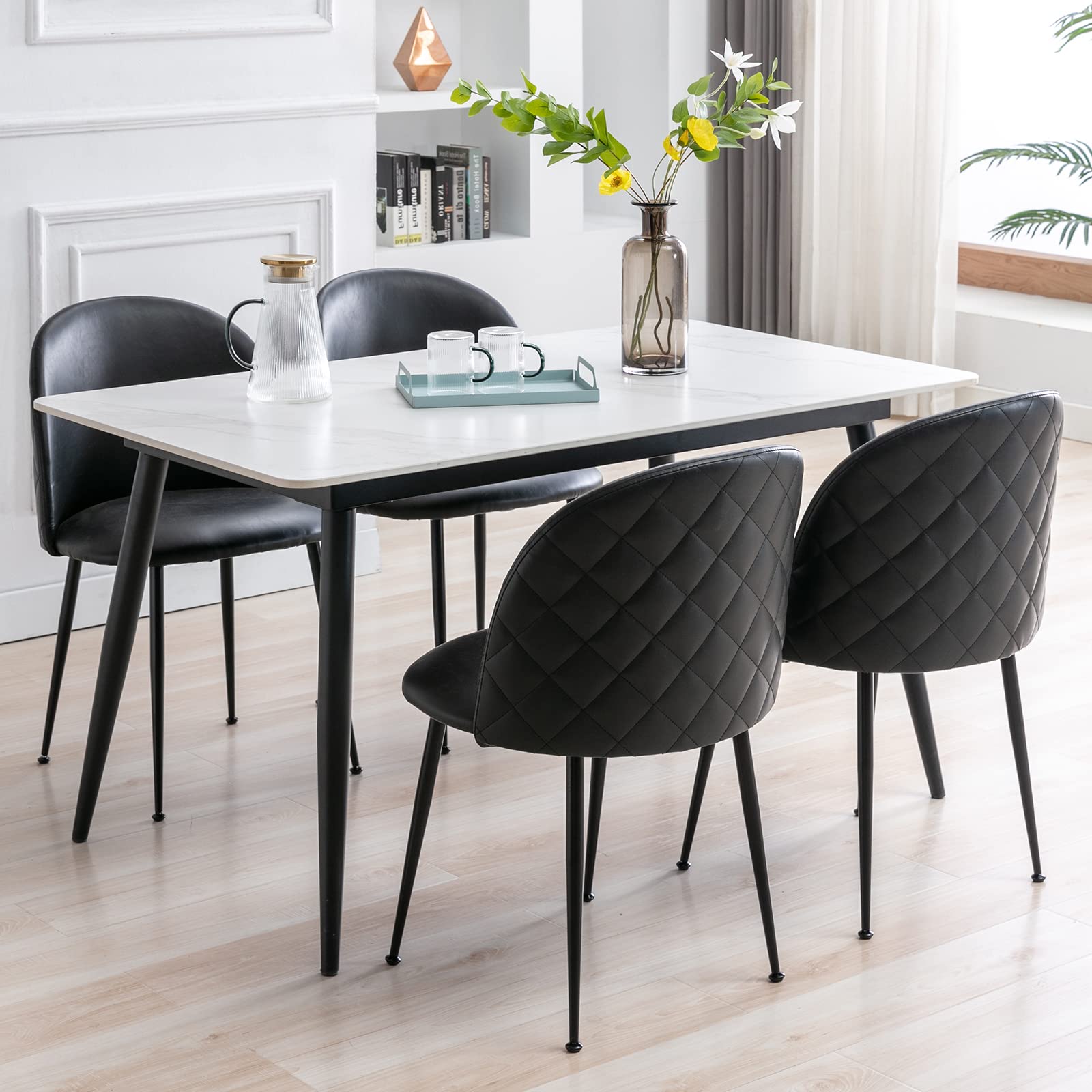 Premium Leather Dining Chairs Set of 4 - Tufted Upholstered Accent Chairs with Sturdy Metal Legs for Living Room, Dining Room, Kitchen, Vanity or Patio - Elegant Black Seating for Home Decor & Entertaining