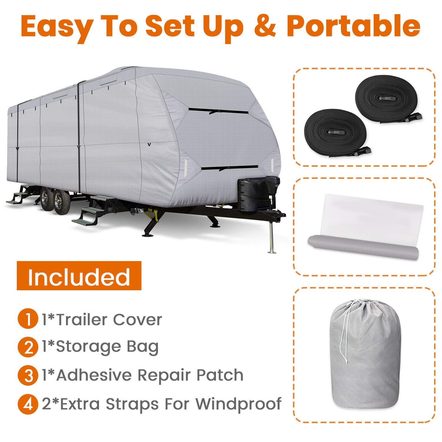 Upgraded 300D Ripstop Diamond Travel Trailer RV Cover 24'-27' - Waterproof Camper Cover with Adhesive Repair Patch | Heavy-Duty Protection for Outdoor Storage & Winter Use