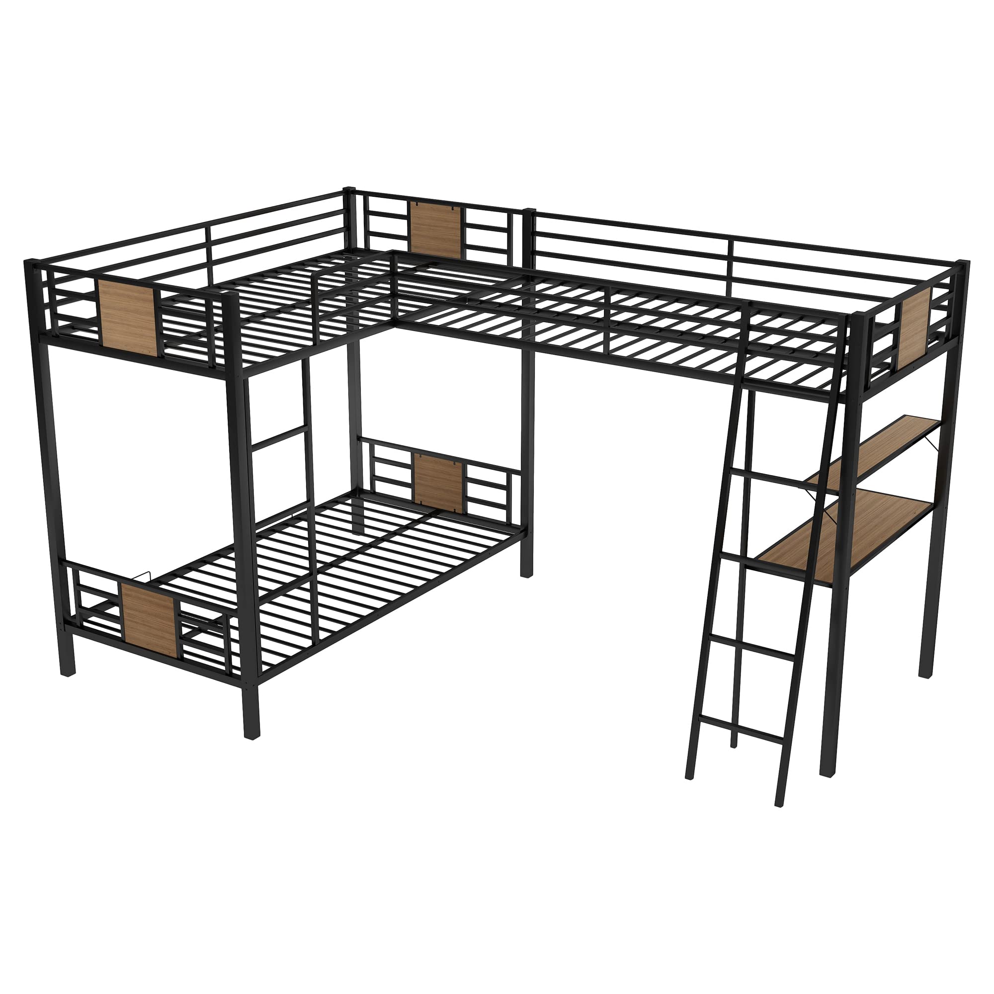 Sturdy Metal L-Shaped Triple Bunk Bed with Twin Over Twin & Loft Bed - Includes Built-in Desk & Shelves - Space-Saving 3-Tier Bunk Bed for Kids, Teens & Adults - Brown Finish - Perfect for Small Bedrooms, Dorms & Shared Kids' Rooms